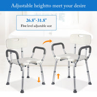 GARVEE Siège de douche en U avec dossier et accoudoirs réglables, structure aluminium, assise antidérapante, pour seniors, PMR et salle de bain, argenté