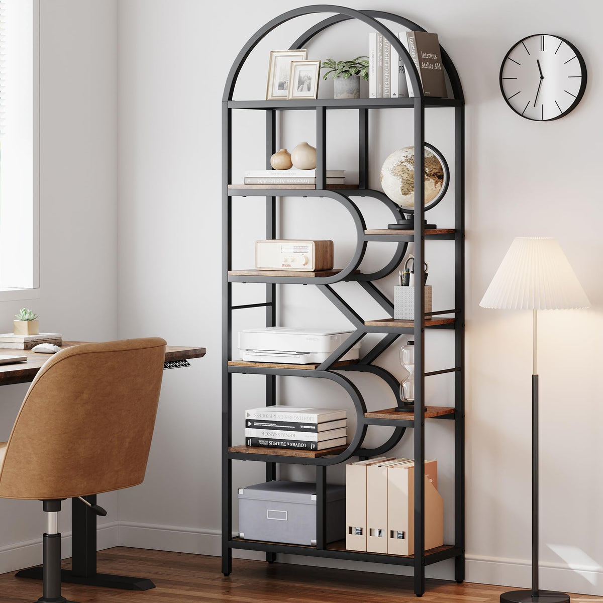 Garvee Bibliothèque à 6 Niveaux au Design Géométrique, Structure en Métal, L. 76 × P. 30 × H. 207,5 cm, Noir, pour Salon et Bureau