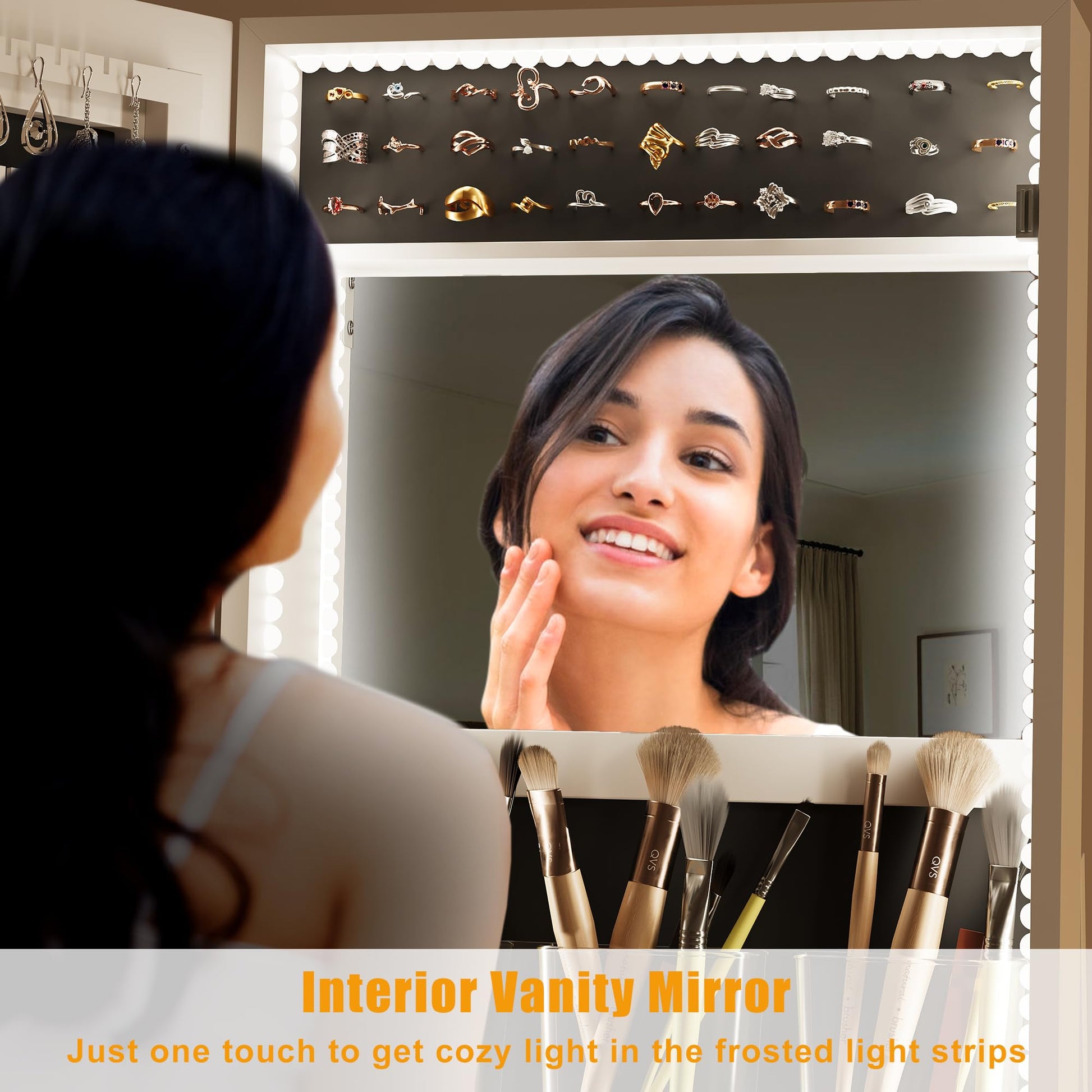 Armoire à bijoux pivotante à 360° Garvee avec éclairage LED, miroir de maquillage, miroir pleine longueur, intérieur en velours, verrouillable, sur roulettes, blanche - Idéale pour les chambres