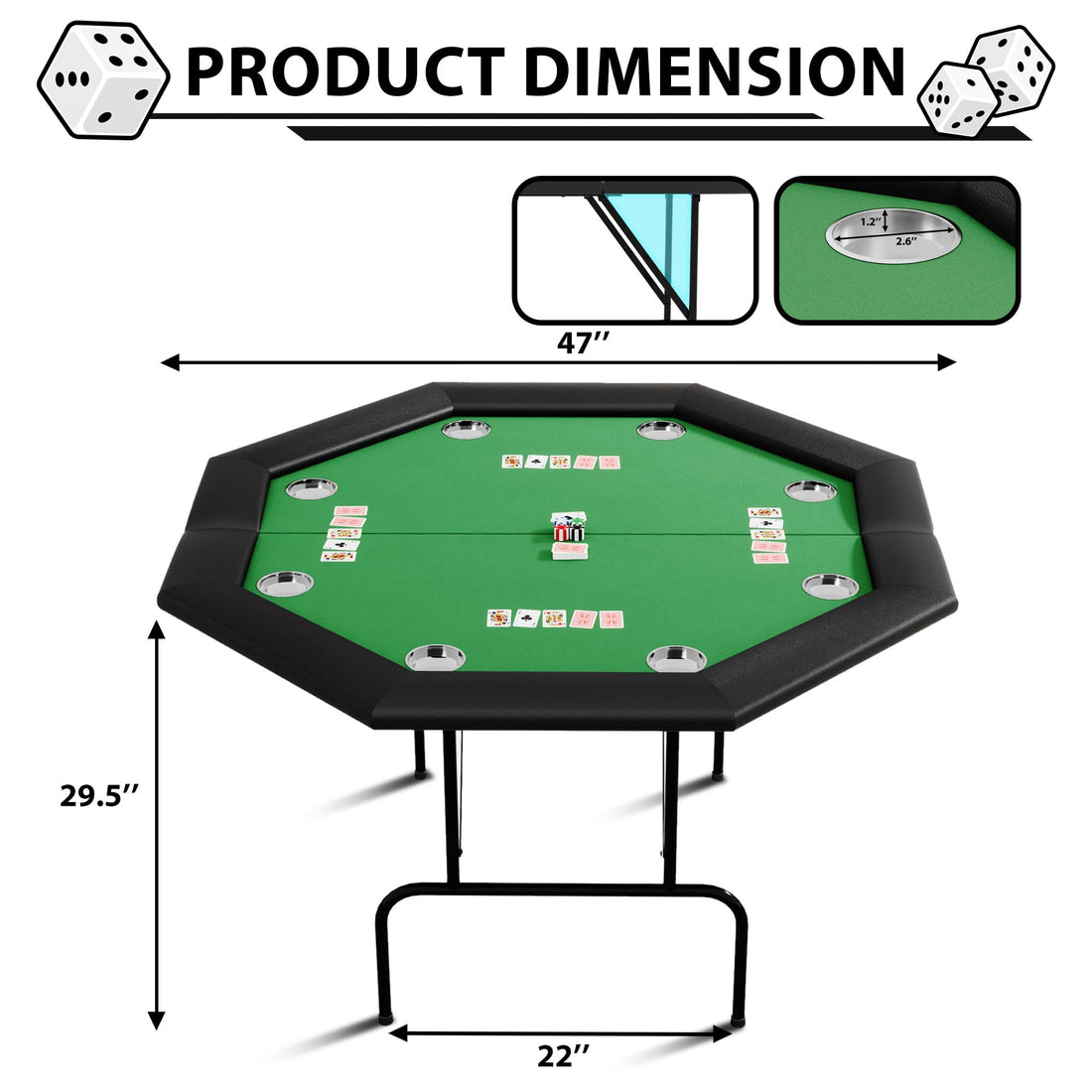 Table de poker octogonale Garvee pour 8 joueurs avec porte-gobelets en acier inoxydable, idéale pour les soirées en famille et les fêtes, 119 cm (47 pouces), verte.