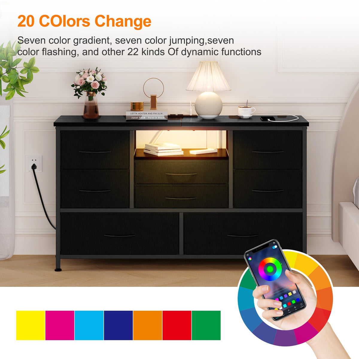 Garvee commode à 8 tiroirs, 3 prises électriques et 2 ports USB, meuble TV avec éclairage LED pour chambre, salon ou entrée, 120 cm, noir