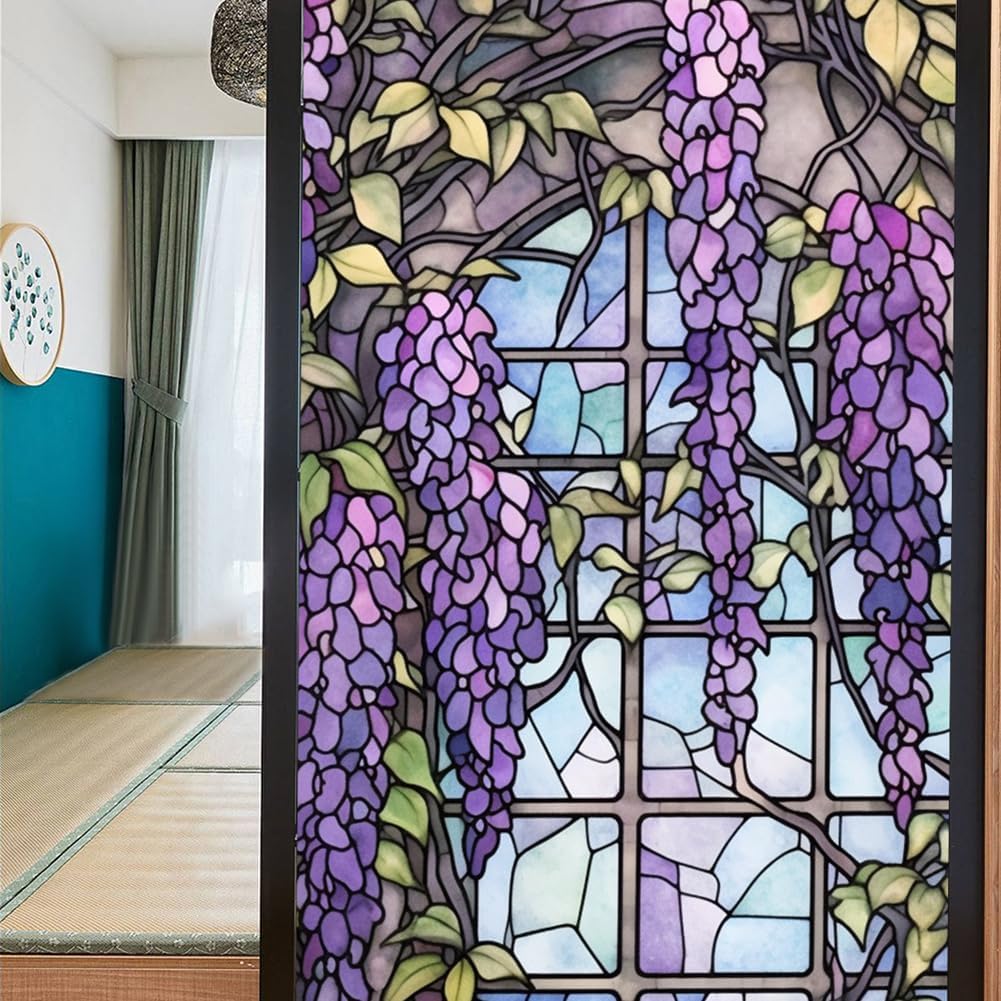 Film adhésif pour vitres Garvee effet vitrail à motif floral violet, 60 x 100 cm.