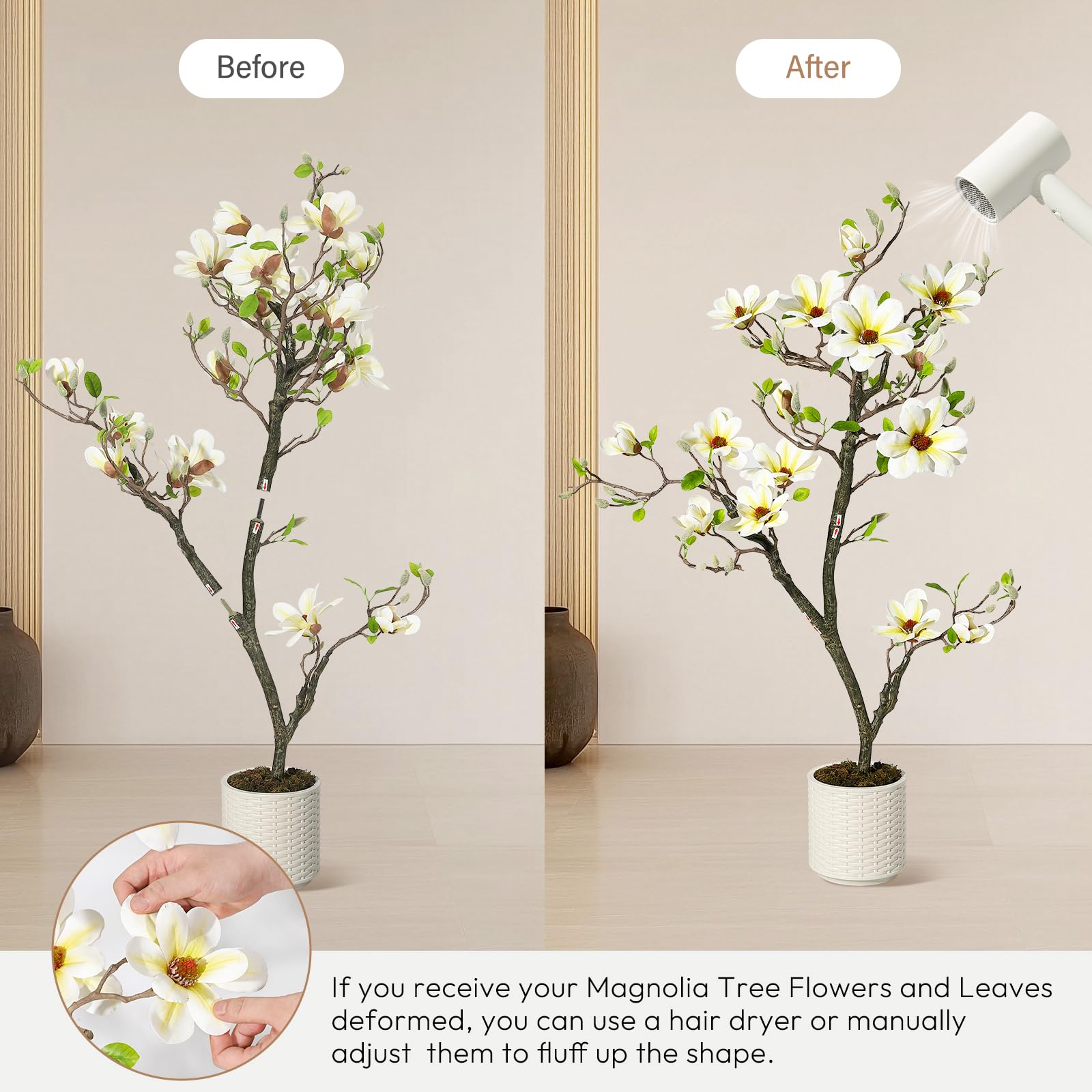 Magnolia artificiel Garvee blanc de 1,20 m avec branches ajustables pour une utilisation intérieure et extérieure, bureau et maison, matériau de haute qualité, base stable