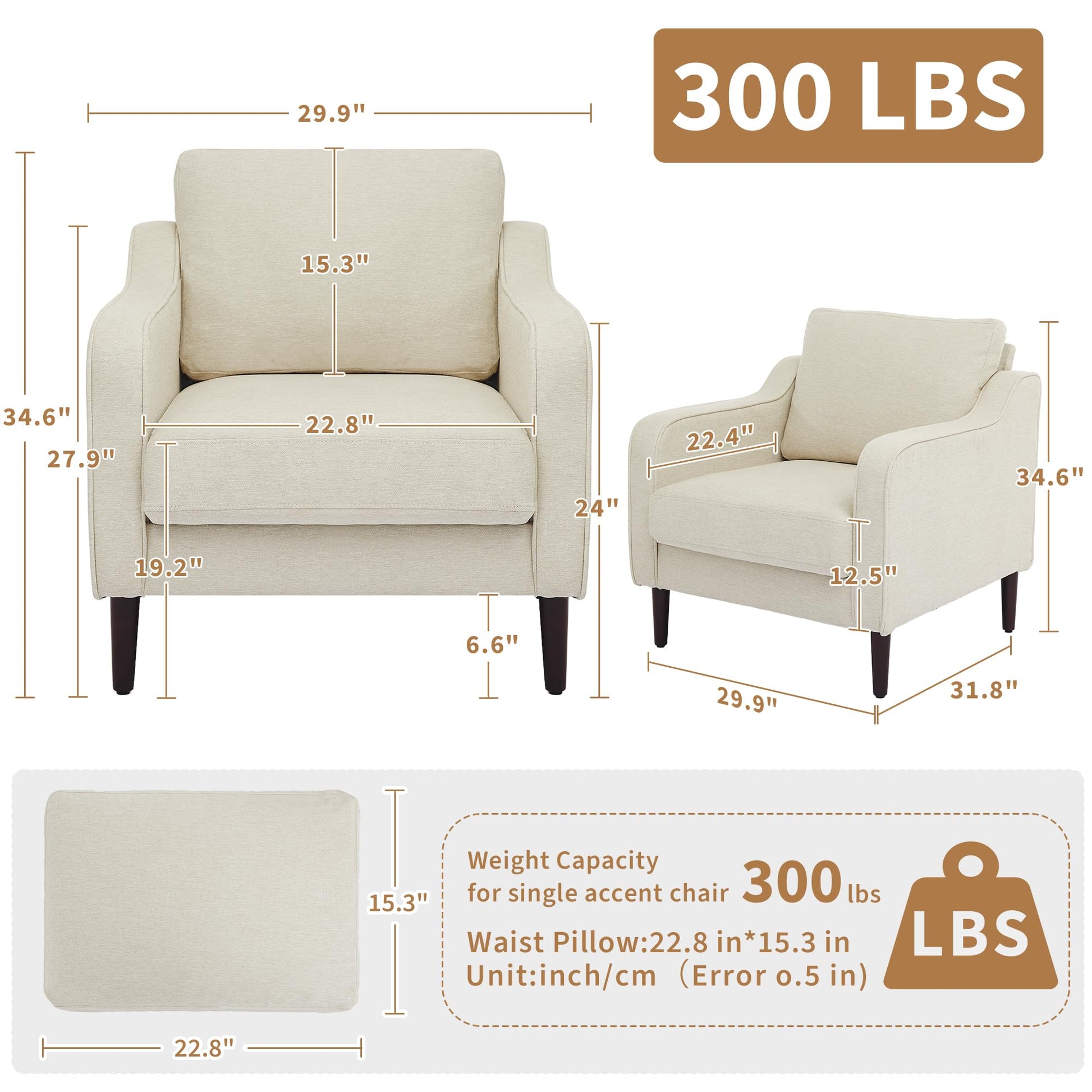Garvee Fauteuil d'appoint style Mid-Century, revêtement en lin beige, pour salon et bureau, 76cm (L)×81cm (H), mousse confortable, structure en bois