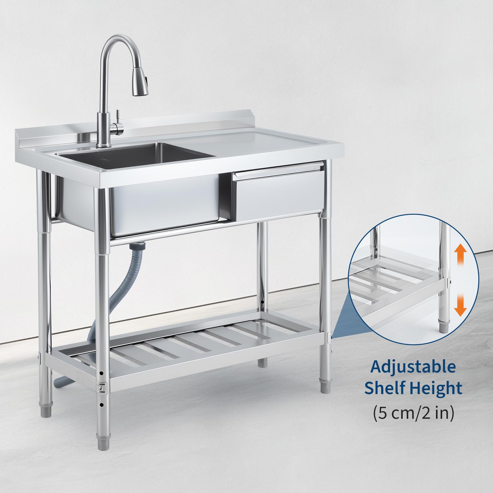 Garvee Évier commercial en acier inoxydable 99 x 50 x 94 cm avec robinet pivotant 360°, cuve profonde, tiroir de rangement et étagère réglable pour cuisine et buanderie