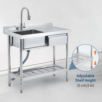 Garvee Évier commercial en acier inoxydable 99 x 50 x 94 cm avec robinet pivotant 360°, cuve profonde, tiroir de rangement et étagère réglable pour cuisine et buanderie