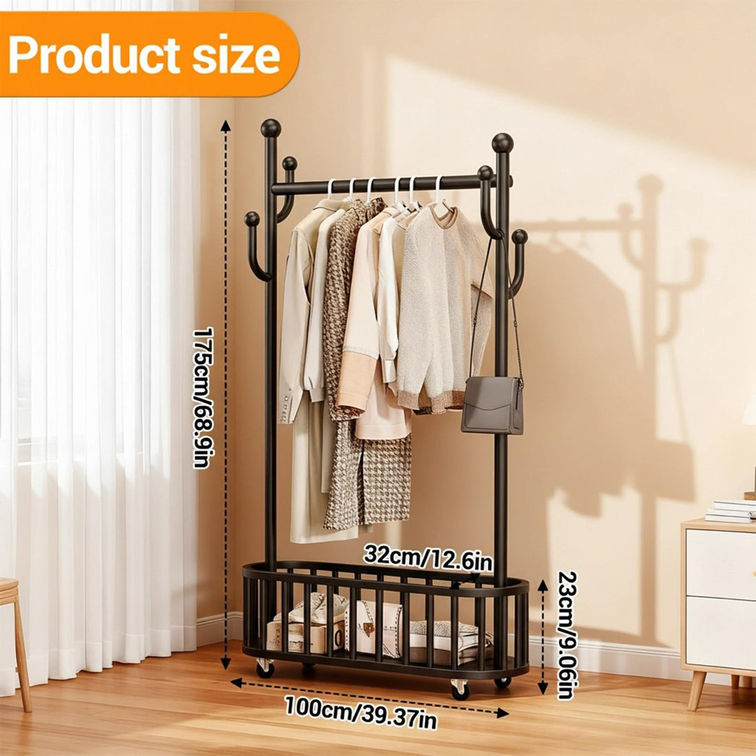 Garvee Ptant à vêtements à roulettes avec structure en métal, roulettes pivotantes à 360°, grand panier pour chambre et boutique, 100 × 175 cm, couleur métallisée, noir, 100 × 32 cm