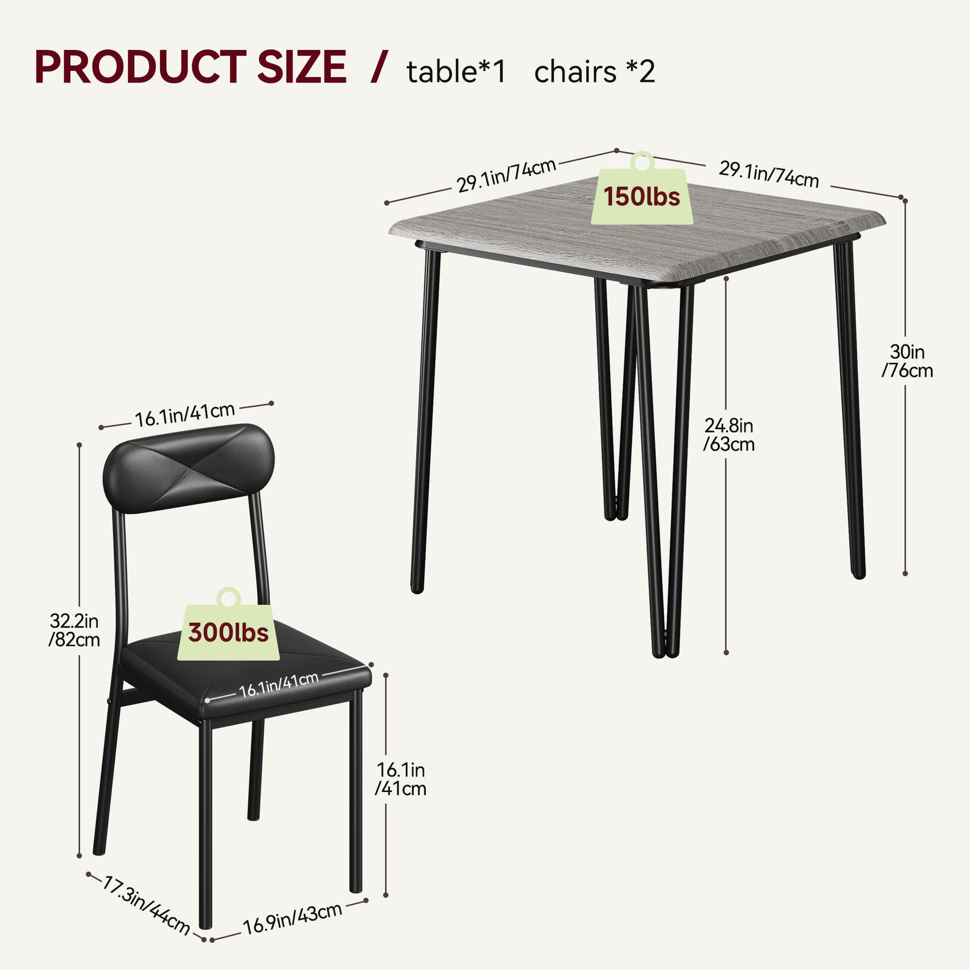 Ensemble table et chaises Garvee pour 2 personnes, avec chaises rembourrées, MDF et métal, compact pour petits espaces, gris vintage et noir.