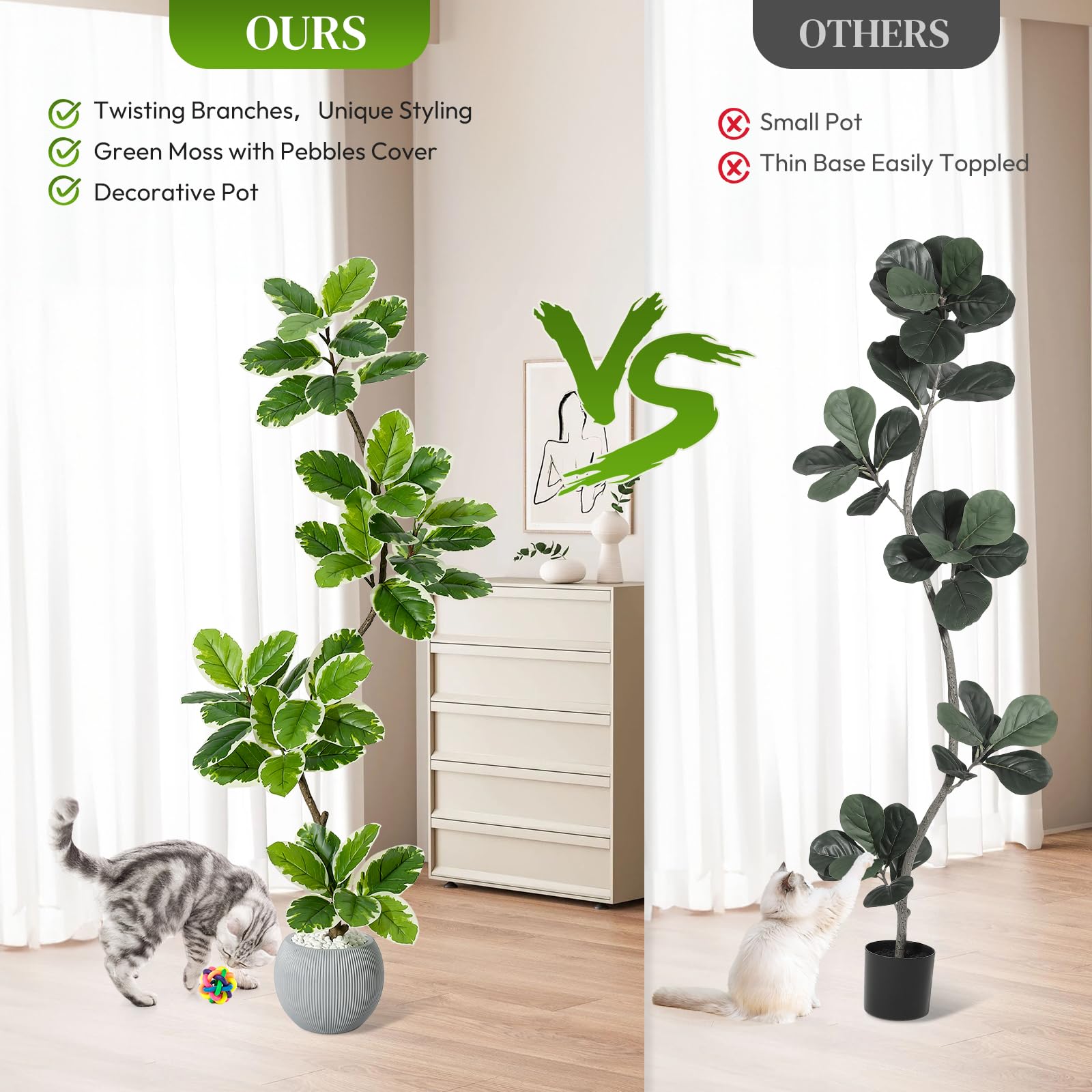 Ficus lyrata artificiel Garvee 1,5 m avec pot sphérique, vert, 47 feuilles, pour salon ou bureau
