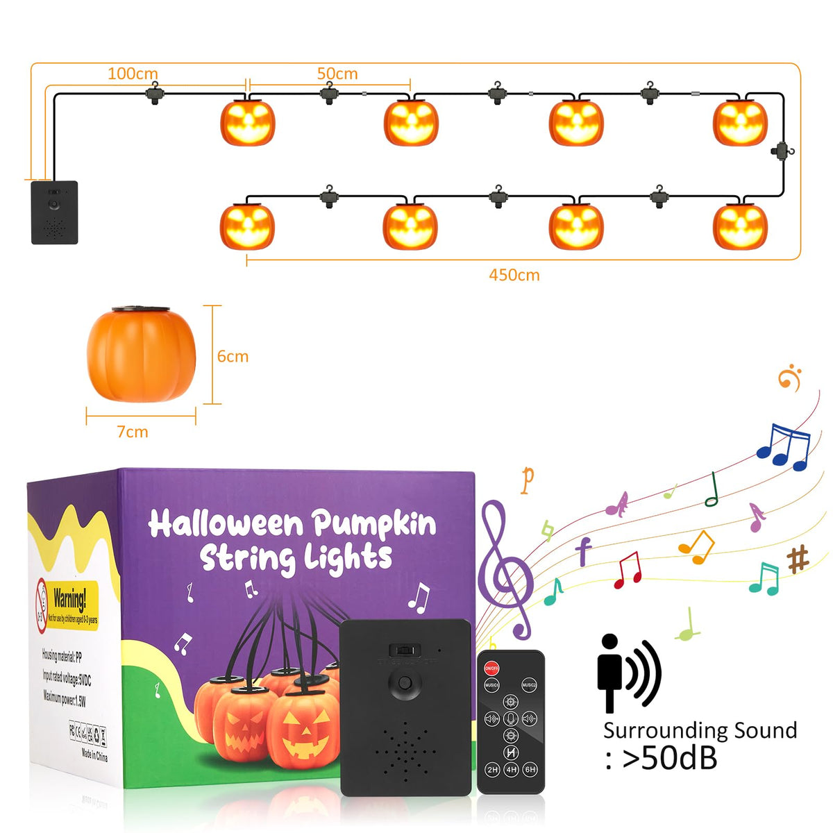 Guirlande lumineuse d'Halloween GARVEE, citrouilles animatroniques, connexion USB-C, 4,5 mètres, orange, idéale pour les fêtes et célébrations familiales en extérieur.