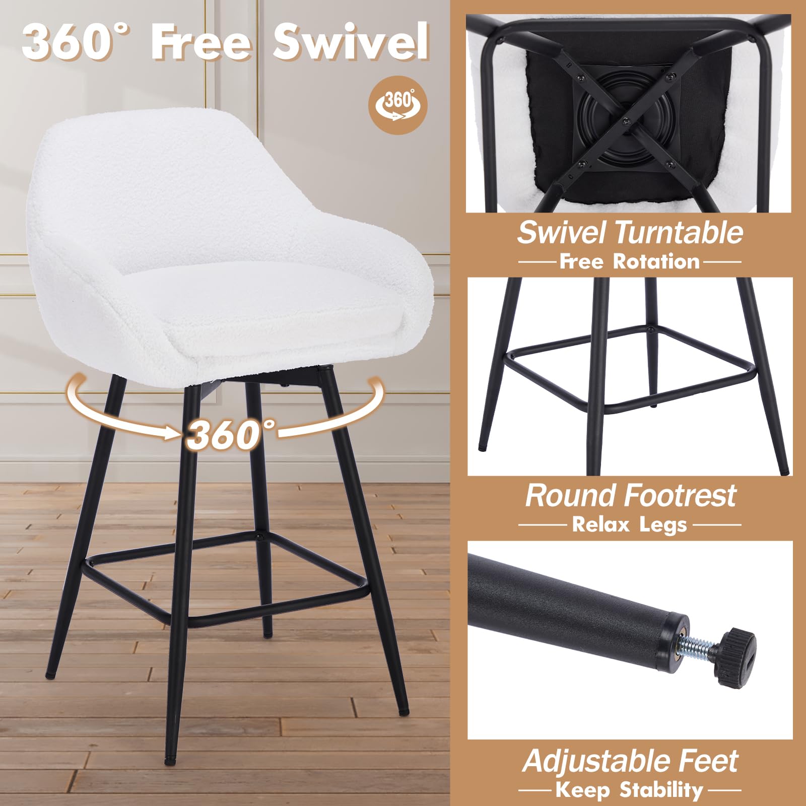 Tabourets de bar pivotants modernes Garvee, lot de 2, revêtement en tissu sherpa et pieds en métal, 66 cm (26 pouces), noirs