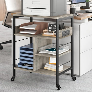 Support pour imprimante mobile Garvee grand format avec prises de courant et port USB, structure métallique à 4 niveaux, panneau MDF, roulettes avec freins, gris rustique, pour bureau et salon, 60 x 40 x 81 cm
