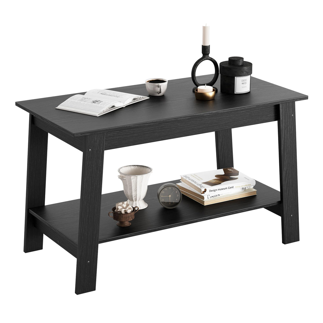 Table basse rustique Garvee à double étagère, rectangulaire, en bois, finition noire, pour salon et bureau, 80 x 39 x 48 cm