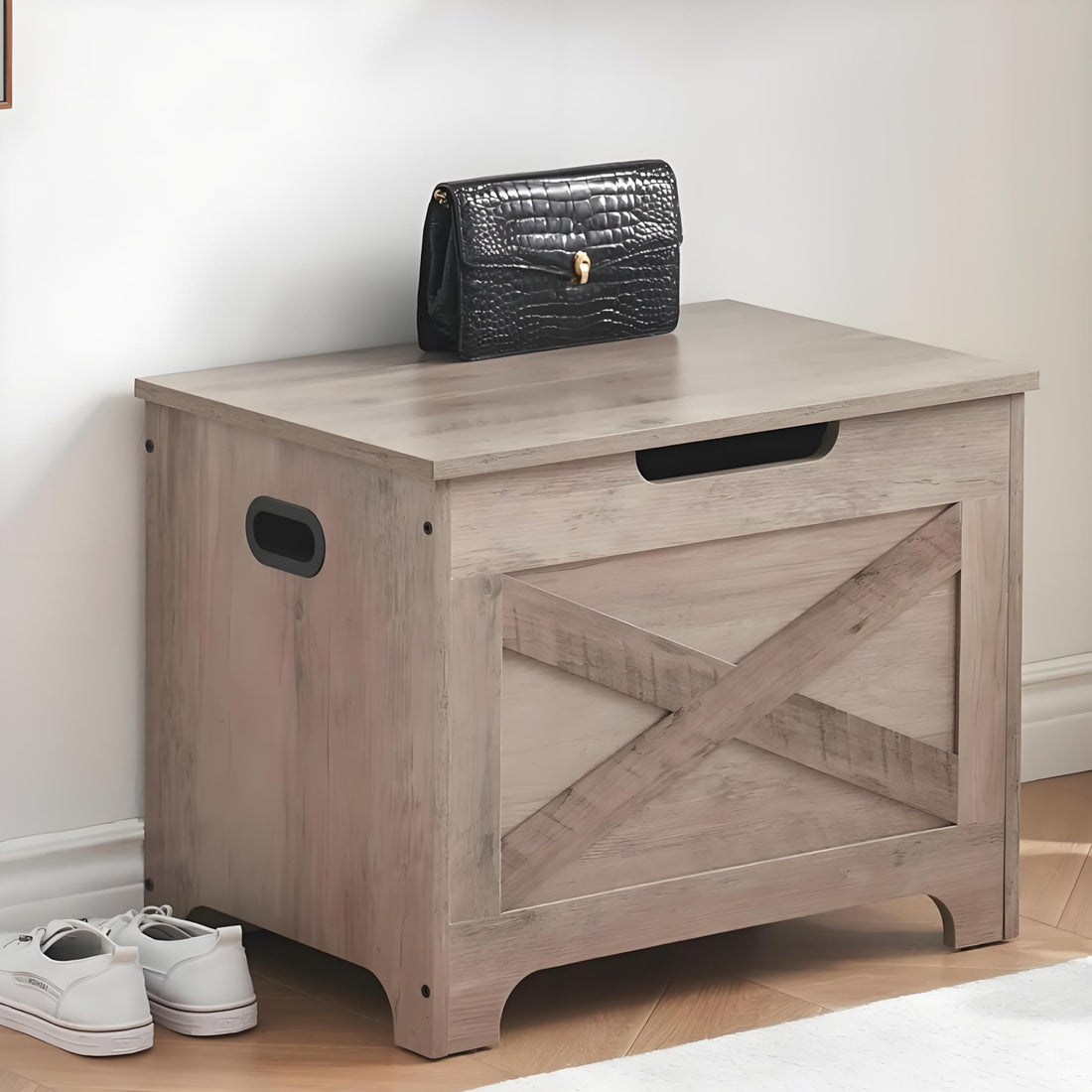 Banc de rangement Garvee avec verrou de sécurité, coffre en bois de style campagnard pour entrée et chambre, gris