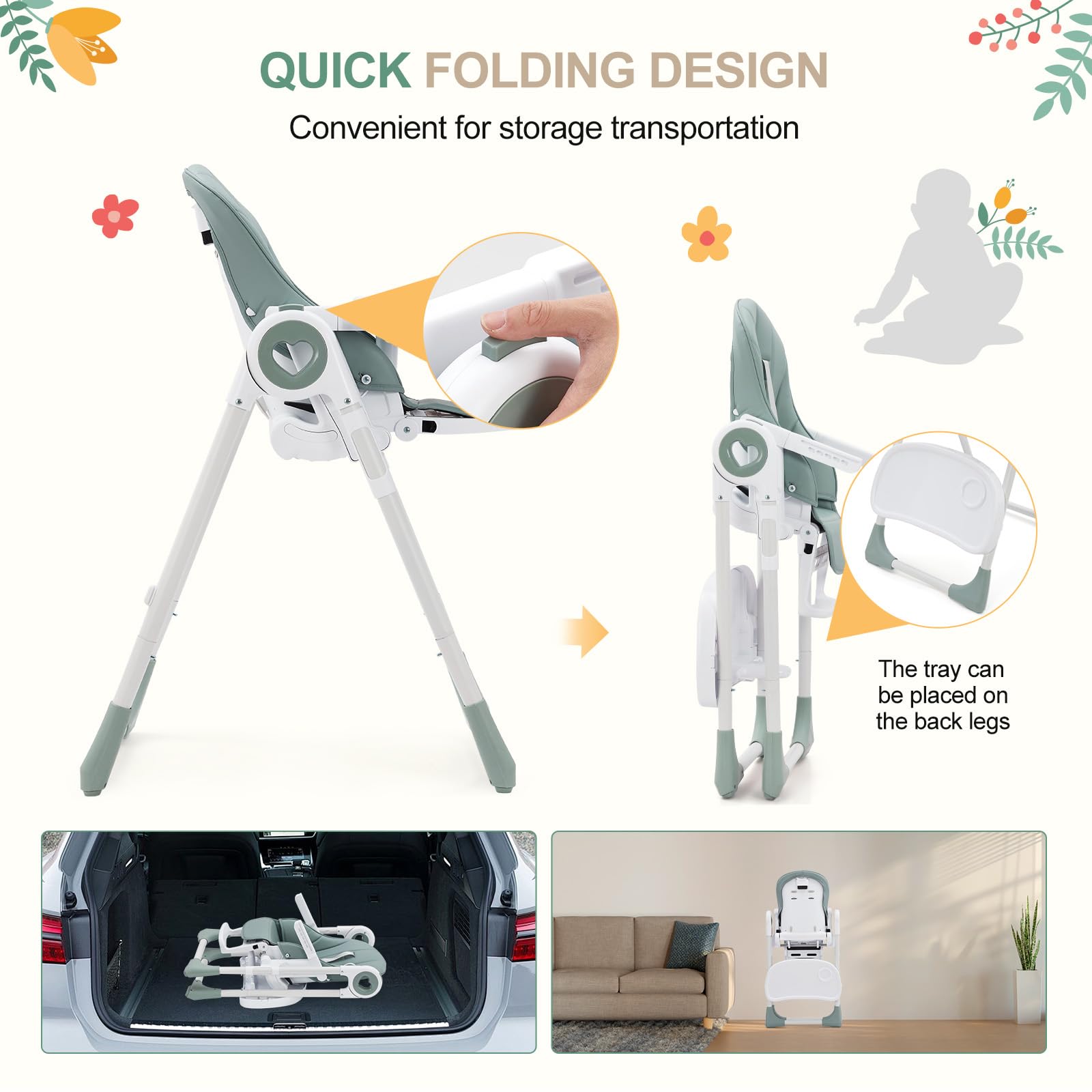 Chaise haute pliable Garvee verte pour bébé – Hauteur réglable avec harnais 5 points et double tablette pour bébés jusqu'à 22,5 kg