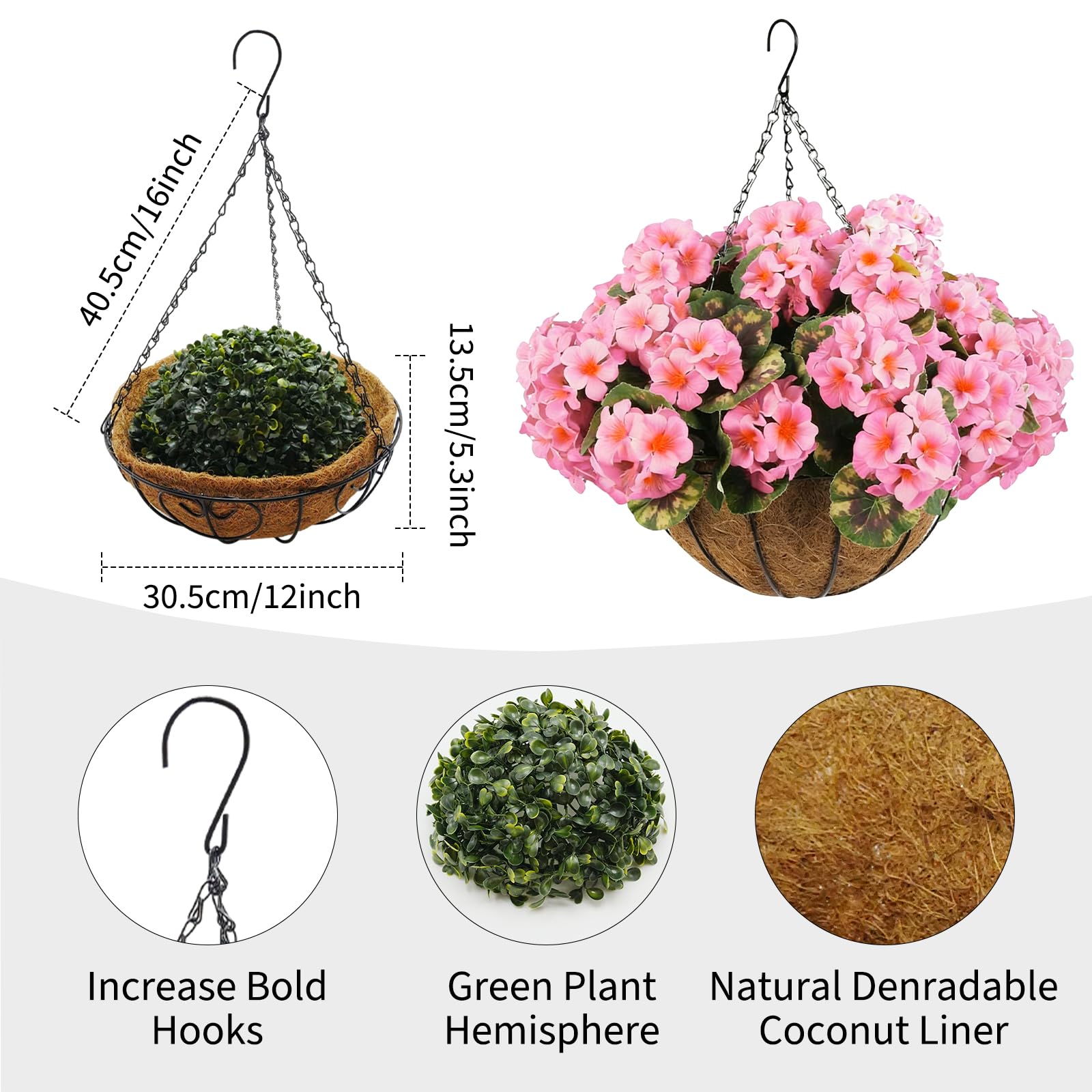 Garvee Ensemble de 12 géraniums artificiels roses, résistants aux intempéries, à suspendre, pour jardin et terrasse, panier marron