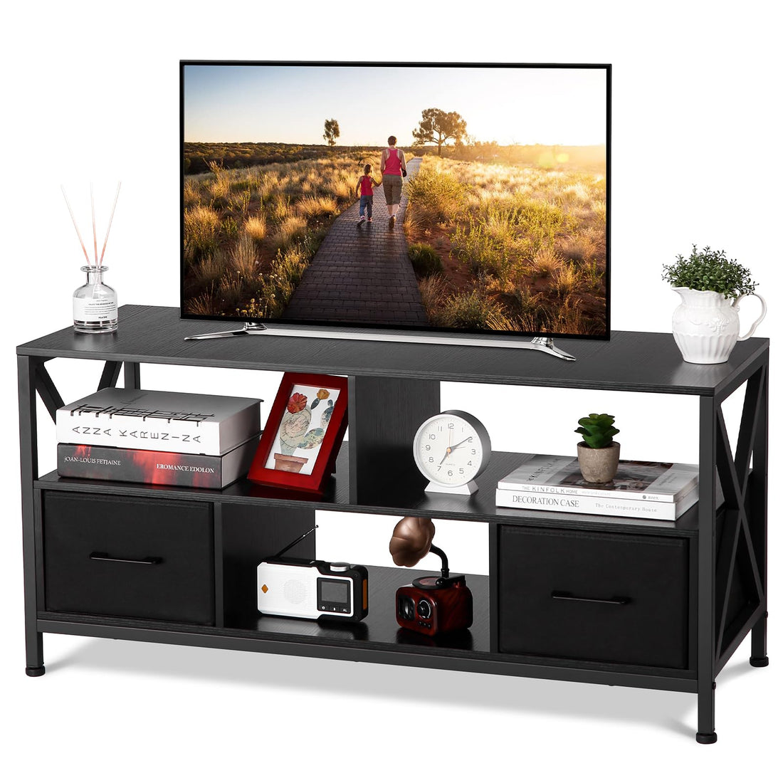 Garvee Meuble TV pour téléviseurs jusqu'à 127 cm, avec 2 tiroirs en tissu et des étagères ouvertes, structure en acier, design moderne, noir, polyvalent.