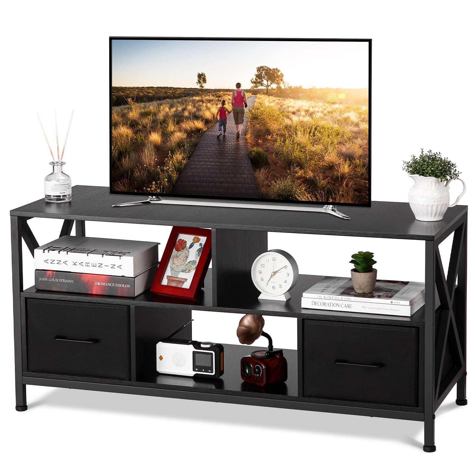 Meuble TV Garvee pour téléviseurs jusqu'à 50 pouces, avec 2 tiroirs en tissu et des étagères ouvertes, structure en acier, design moderne, noir, polyvalent.