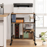 Garvee Grand meuble imprimante mobile à roulettes avec étagères, prises et ports USB, structure bois effet vintage, rangement pratique pour bureau à domicile