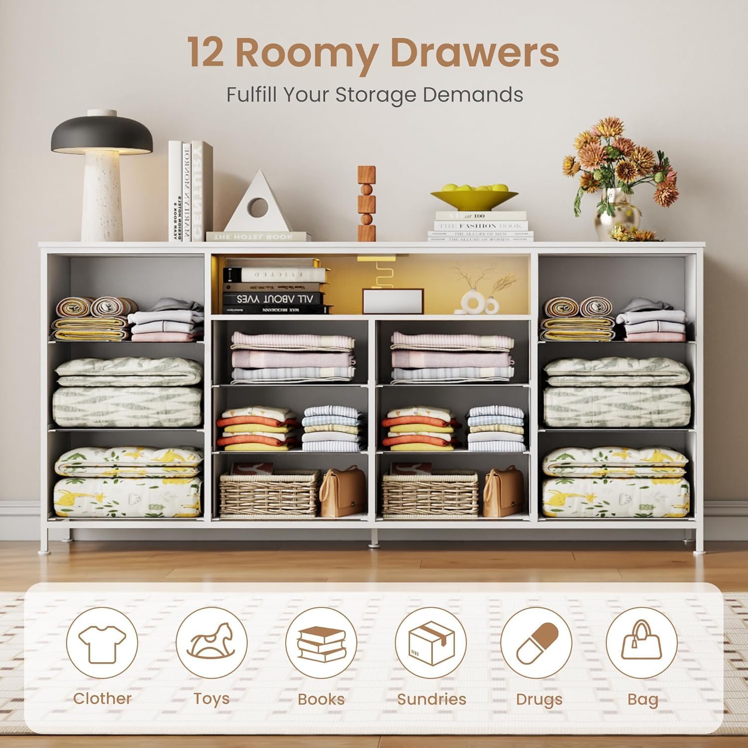 Meuble TV Garvee 63" pour téléviseurs de 65 à 75 pouces, avec 12 tiroirs, éclairage LED, revêtement en tissu, chargeur, étagères ouvertes, mobilier de salon moderne