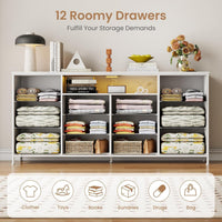 Meuble TV Garvee 63" pour téléviseurs de 65 à 75 pouces, avec 12 tiroirs, éclairage LED, revêtement en tissu, chargeur, étagères ouvertes, mobilier de salon moderne