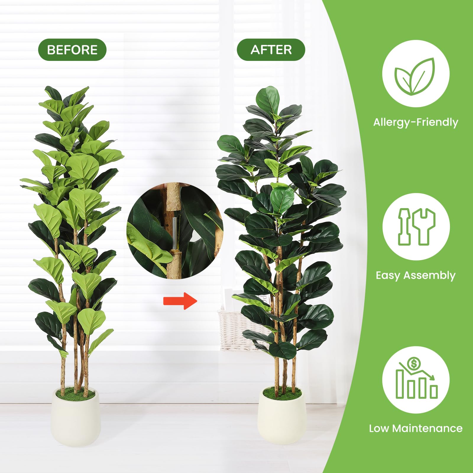 Garvee Ficus Lyrata artificiel 183 cm, feuillage vert réaliste, pot blanc et tronc en bois naturel, décoration intérieure