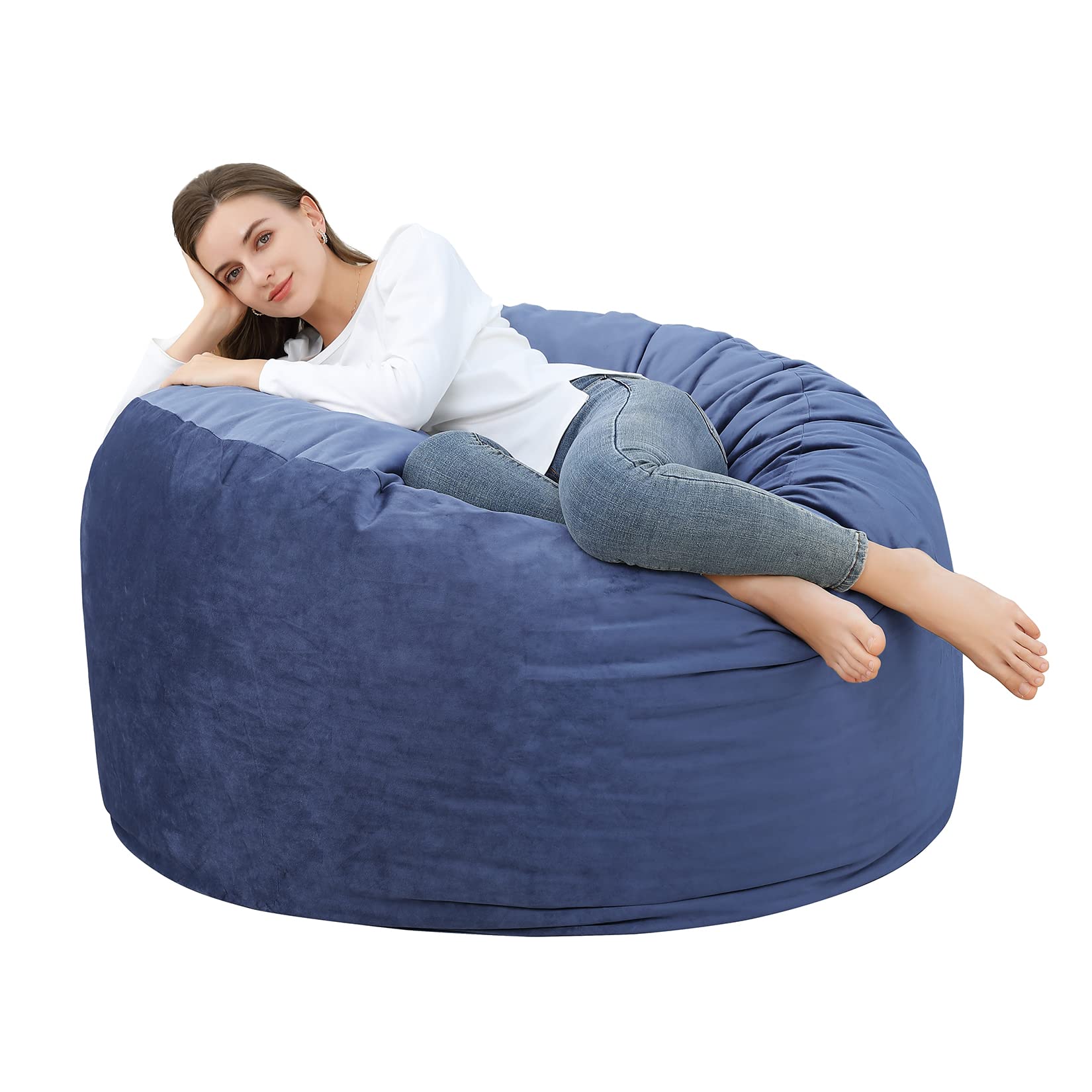 Pouf géant rond Garvee 120 cm avec rembourrage, velours doux, grand canapé pour adultes et adolescents, bleu marine, housse amovible, salon et chambre
