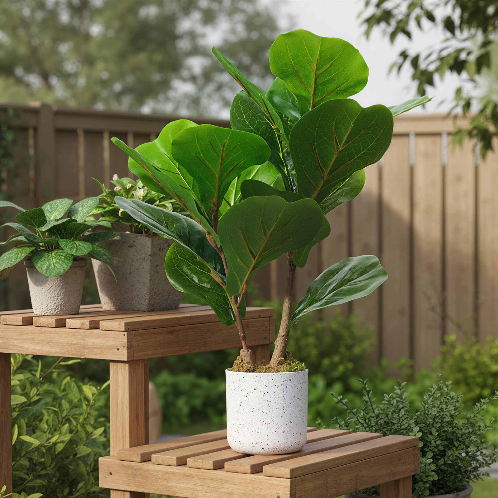 Ensemble de plantes artificielles Garvee en forme de feuille de figuier, pot en marbre blanc moucheté de noir, 40 cm (15,7 po), décoration intérieure pour la maison ou le bureau.