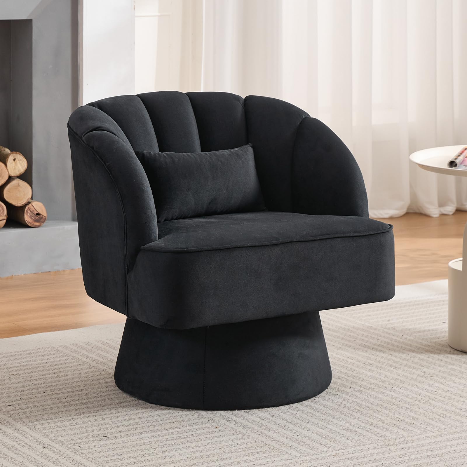 Garvee Fauteuil Pivotant en Velours à 360°, Dossier Rayé, Structure en Bois, Style Mid-Century, pour Salon, Chambre et Coin Lecture