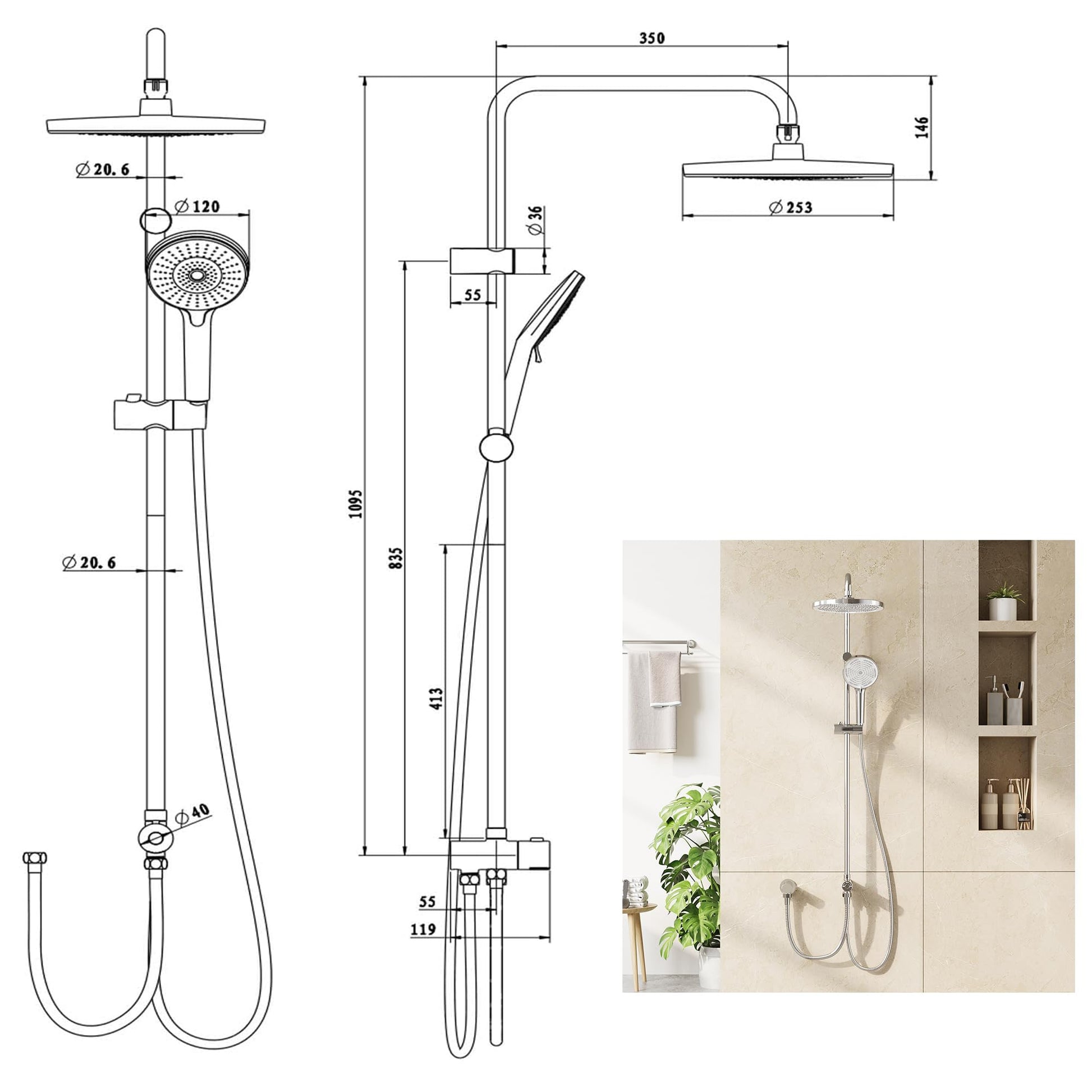 Colonne de douche GARVEE Rain Shower sans accessoires chromés – Colonne de douche ronde en acier inoxydable 25 cm