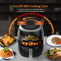 Friteuse à air chaud GARVEE 8L, sans huile, économe en énergie (1800 W), 8 programmes, affichage numérique, arrêt automatique, résultats croustillants, compatible lave-vaisselle.