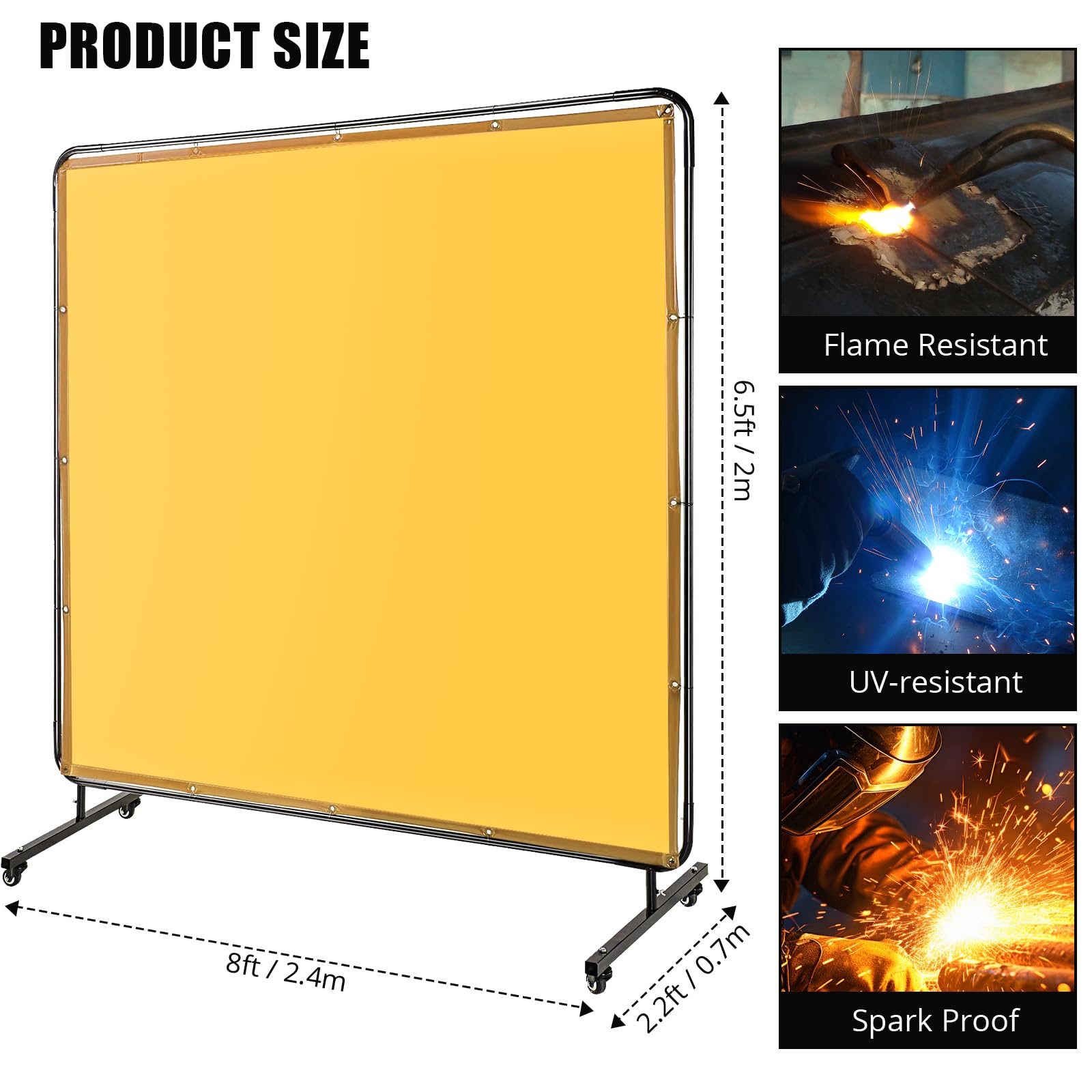 Écran de soudage Garvee 2,4 x 1,8 m avec cadre en acier, PVC transparent, jaune, pour atelier, sur roulettes, ignifugé, protection UV