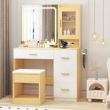 Garvee coiffeuse moderne avec miroir LED 3 modes, 4 tiroirs, tabouret rangement, stations de charge, bois solide, convertible pour chambre, 94 × 41 × 140 cm, blanc - Blanc et Bois naturel