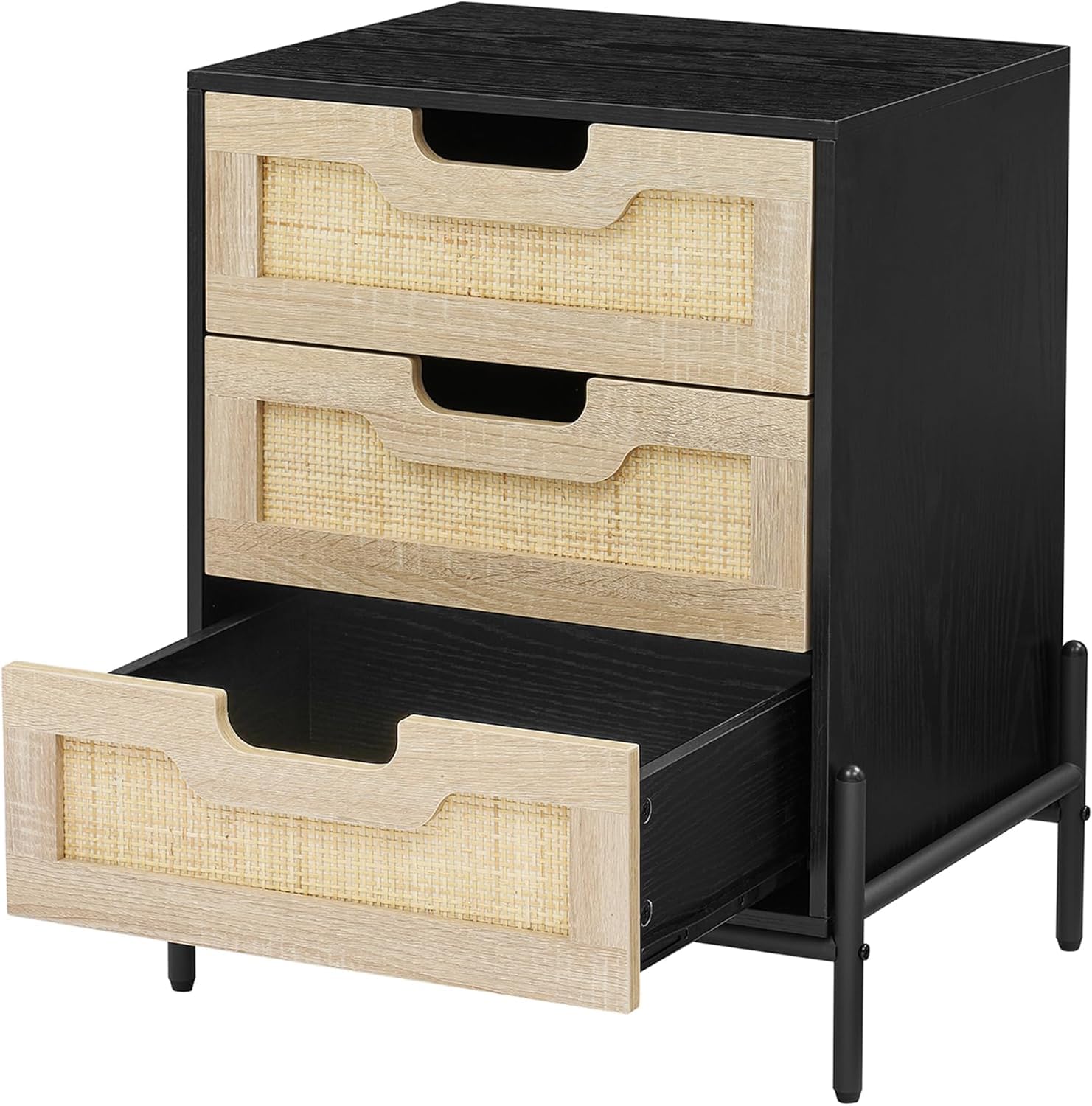 Table de chevet Garvee en rotin avec 3 tiroirs en osier naturel, style moderne, structure en bois robuste, noir, pour chambre et salon
