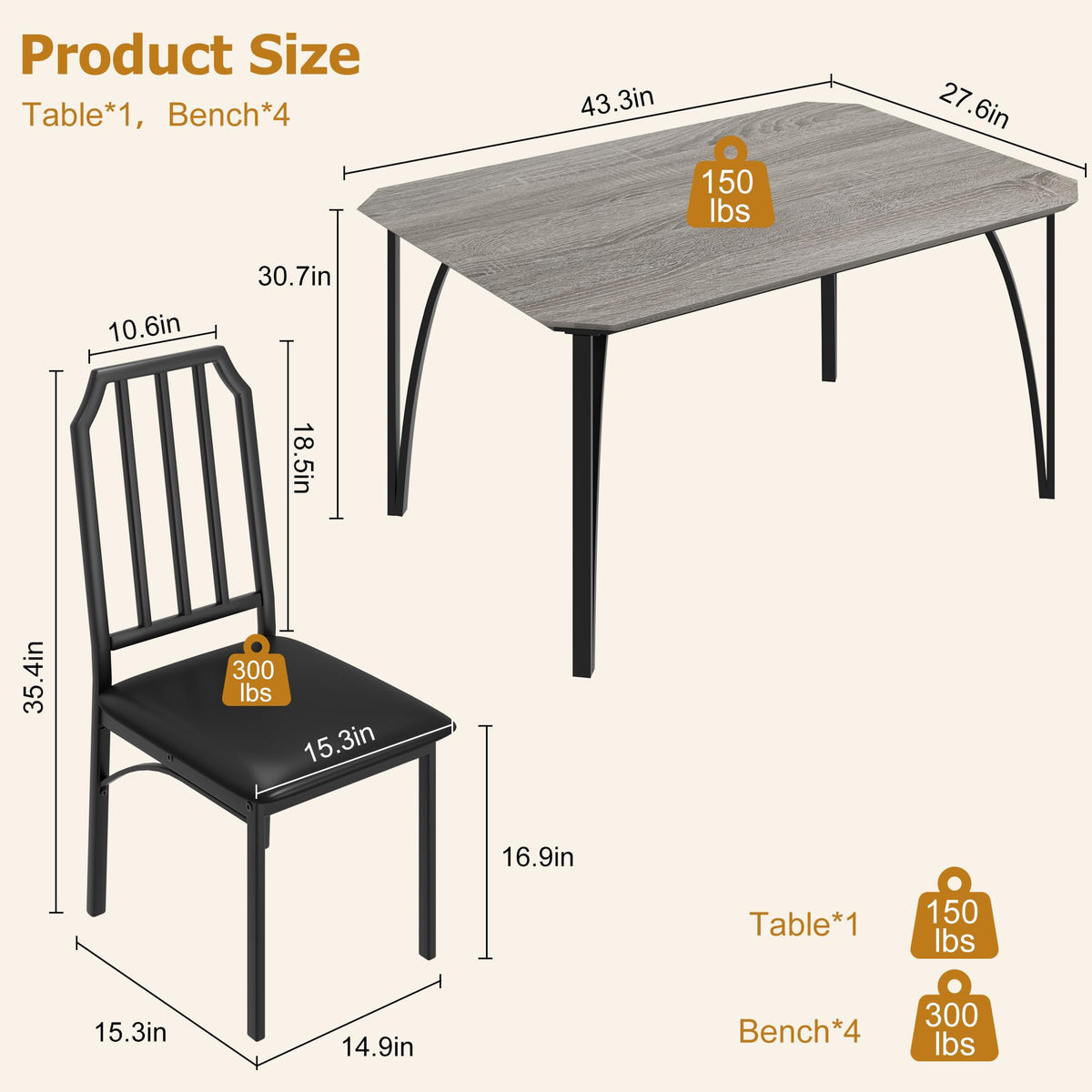 Ensemble table et chaises Garvee pour 4 personnes, design biseauté, coussins d'assise en polyuréthane, structure en MDF et acier, compact et robuste, idéal pour les petits espaces, noir.
