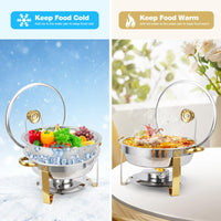 Garvee Lot de 4 chafing dishes ronds 4,7 L en acier inoxydable, couvercle en verre avec support, 42 × 41 × 28 cm, bords dorés, pour événements et camping