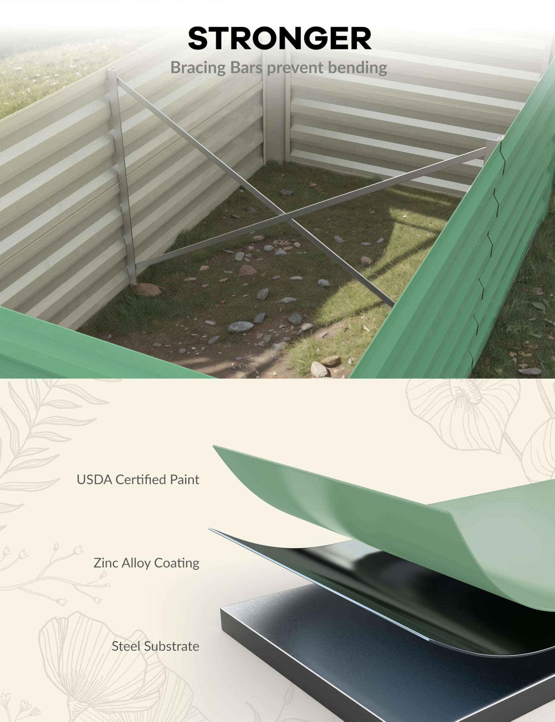 Potager surélevé galvanisé Garvee 180 x 90 x 60 cm avec renforts en X pour jardin extérieur, hauteur 60 cm, acier 0,6 mm, fond ouvert