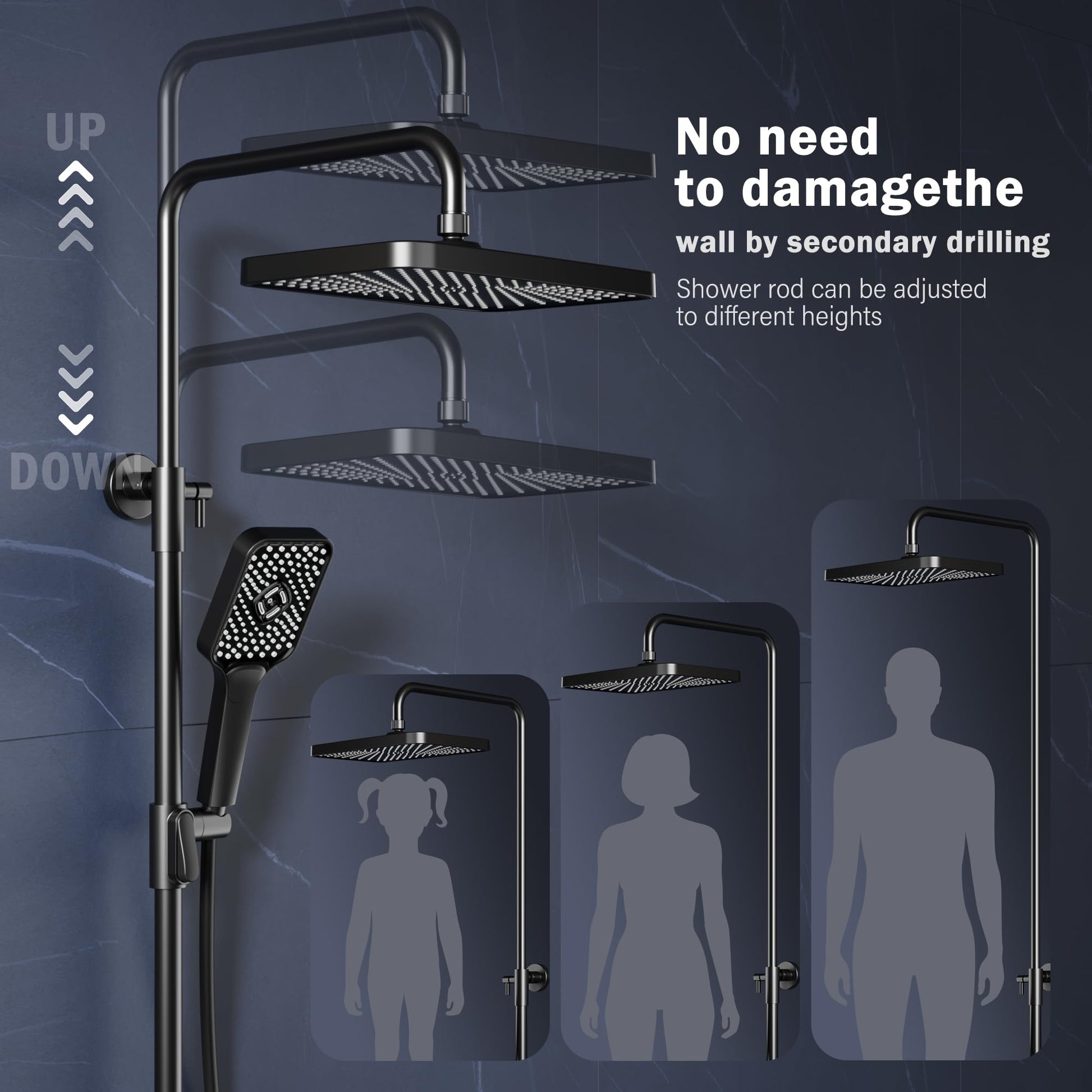 Système de douche à effet pluie Garvee sans accessoires, avec étagère, en acier inoxydable noir, 30 x 20,5 cm