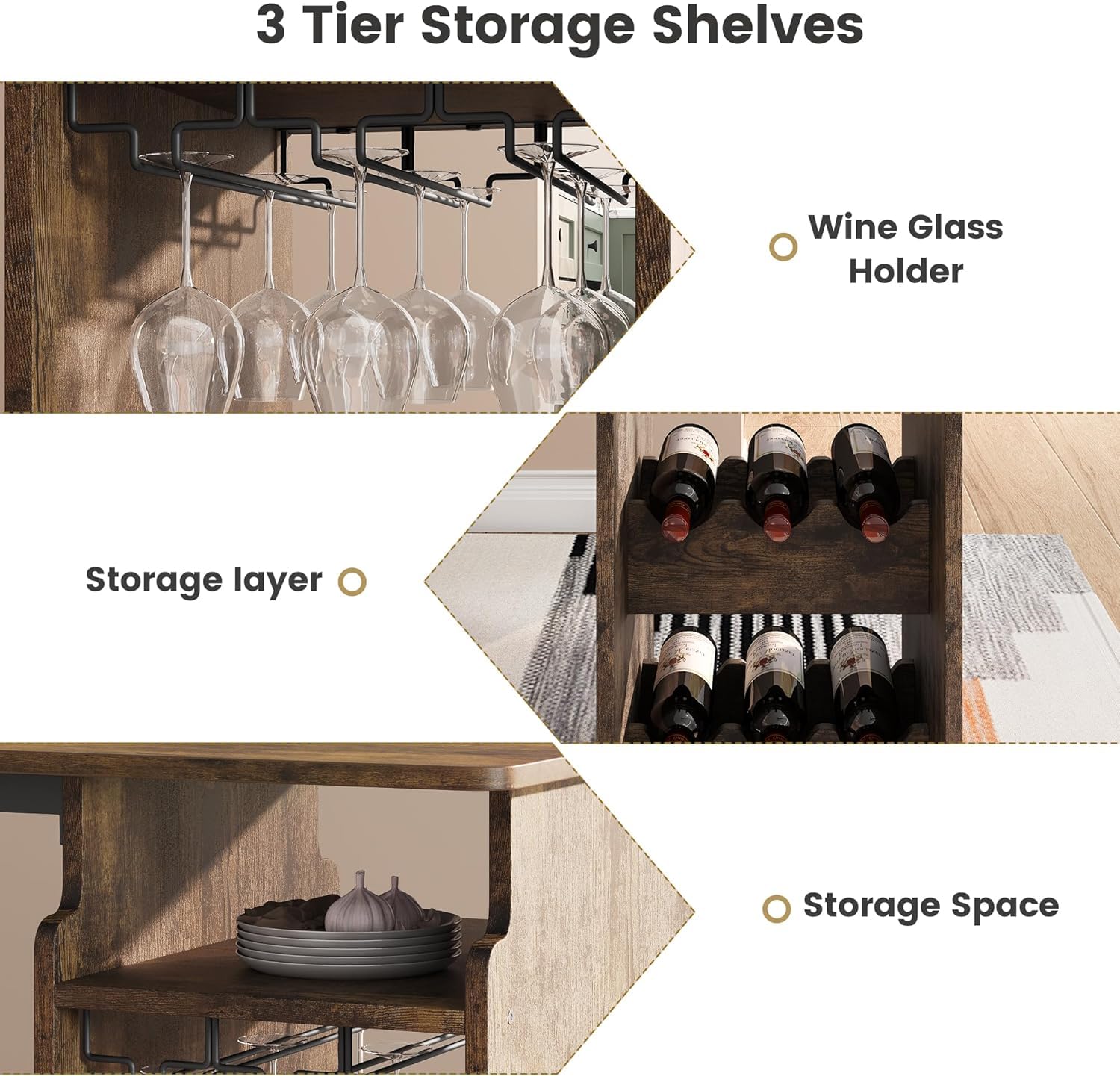 Ensemble table et chaises de bar Garvee pour 2 personnes avec casier à vin et coussins en velours, multifonctionnel et peu encombrant pour la cuisine et la salle à manger, moderne et confortable.