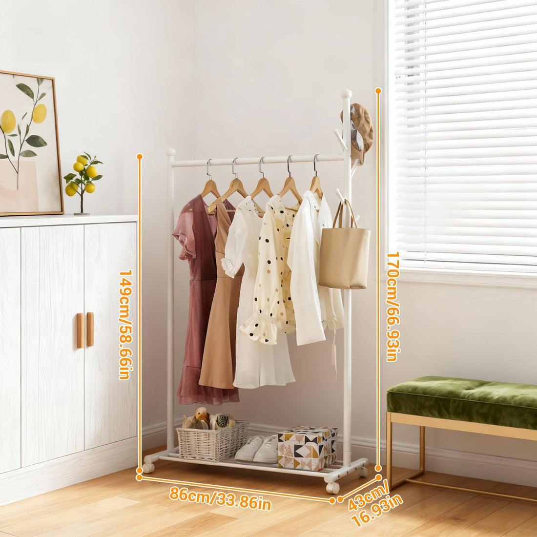 Garvee Portant à vêtements en métal avec roulettes, capacité de charge de 54 kg, roulettes pivotantes à 360°, blanc, pour chambre et salon, robuste et polyvalent