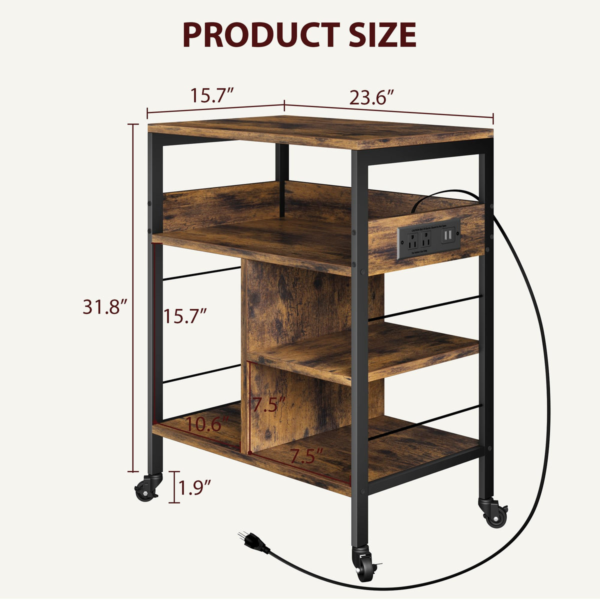 Garvee Grand meuble imprimante mobile à roulettes avec étagères, prises et ports USB, structure bois effet vintage, rangement pratique pour bureau à domicile