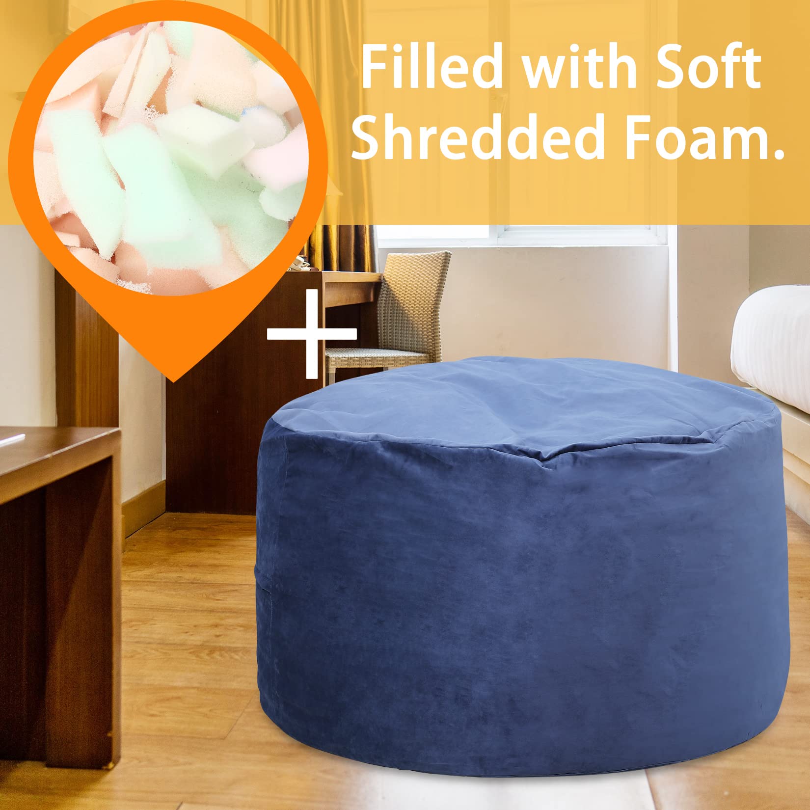 Pouf géant rond Garvee 120 cm avec rembourrage, velours doux, grand canapé pour adultes et adolescents, bleu marine, housse amovible, salon et chambre