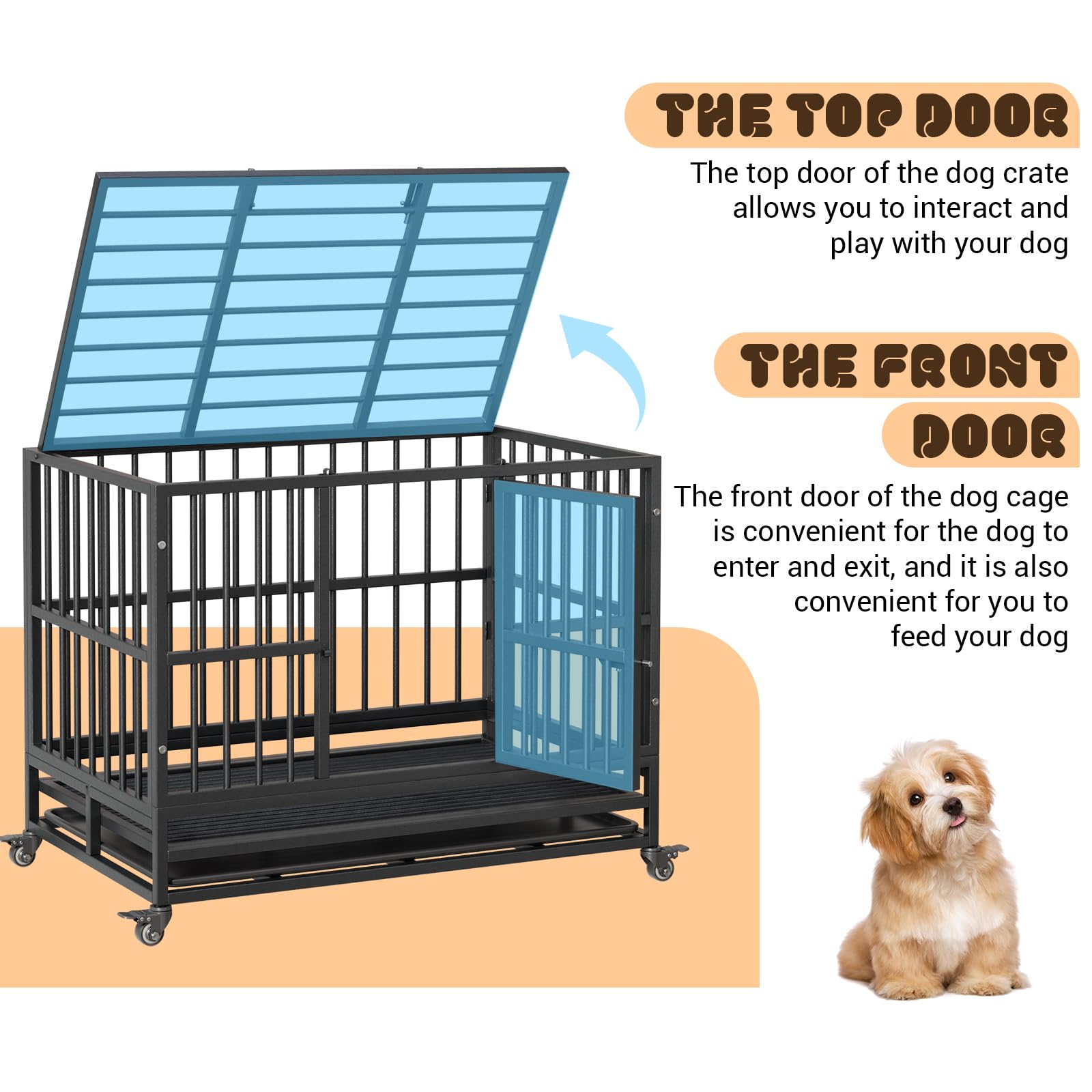 Cage de transport robuste Garvee pour chien, 94 cm (37 pouces), avec double porte, roulettes pivotantes à 360°, en métal, pliable, pour chiens de petite et grande taille, usage intérieur.