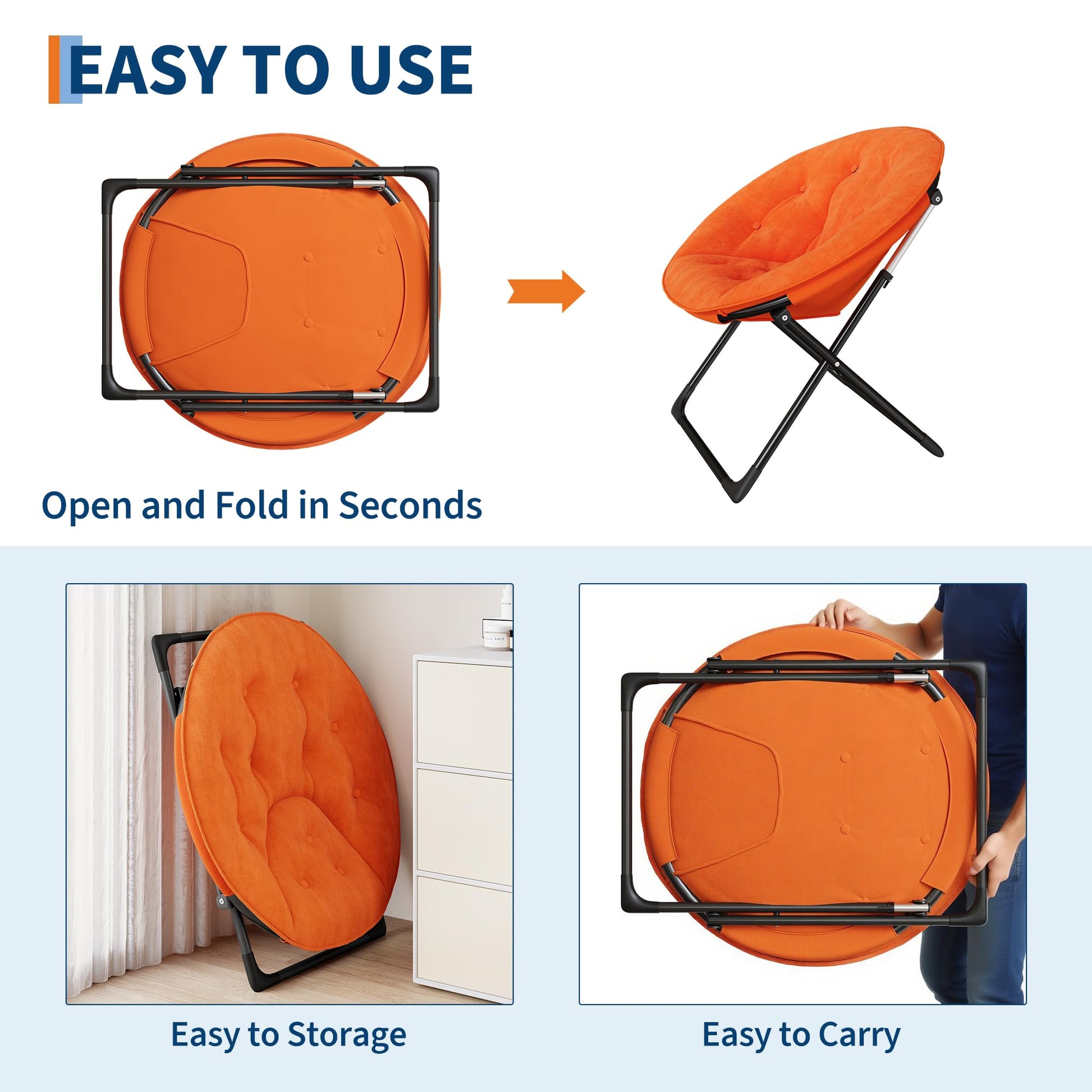 Fauteuil Garvee Saucer Lounge Chair avec structure en métal doré, revêtement surdimensionné en fausse fourrure, pliable, confortable, orange pour chambre et salon