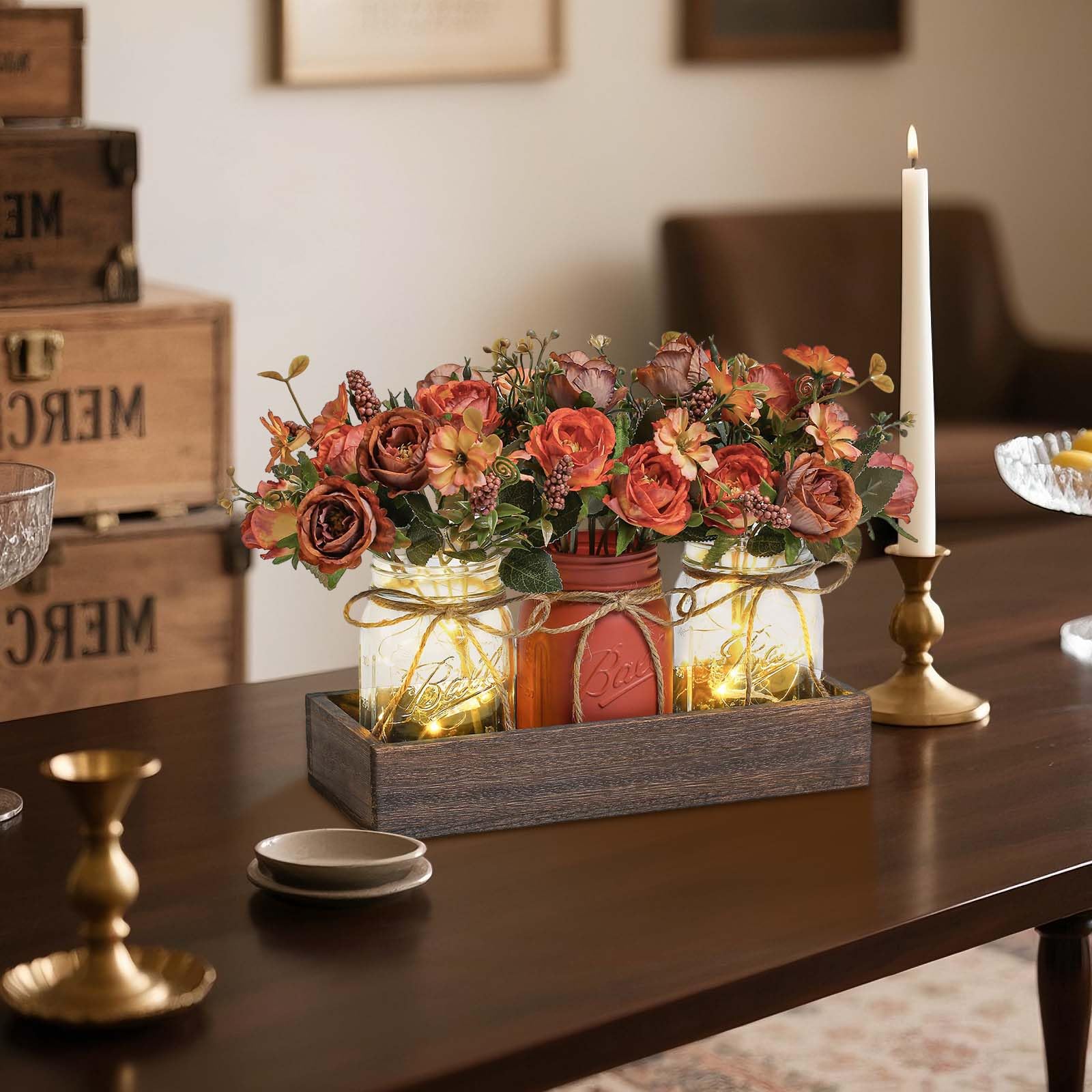 Ensemble de 3 bocaux Mason Garvee avec fleurs artificielles bleues, plateau en bois rustique et guirlande lumineuse pour la cuisine et le salon, 34,3 x 10,9 x 10,9 cm, bleu