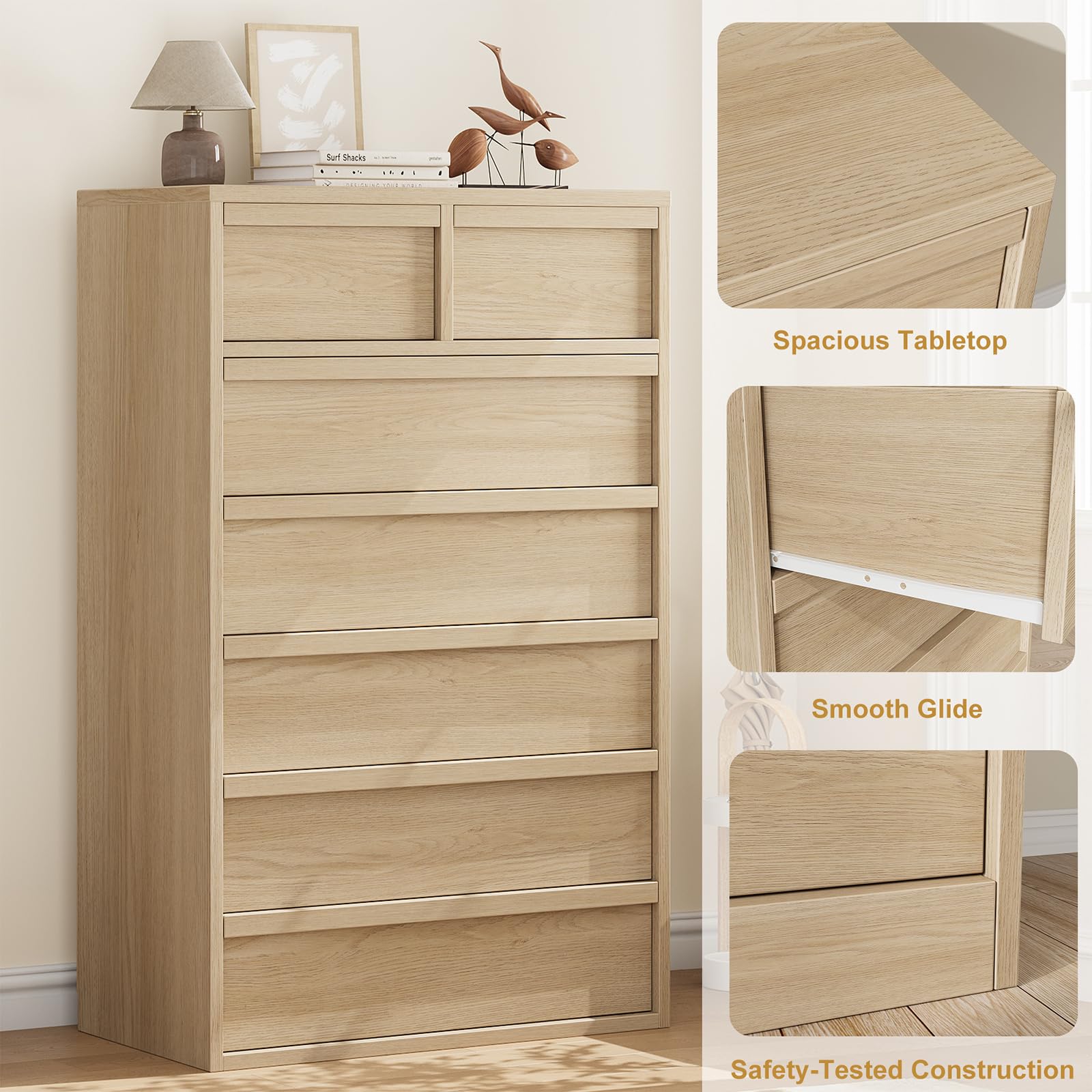 Commode Garvee à 7 tiroirs, chêne naturel, pour chambre à coucher, hauteur 117 cm, robuste, design moderne