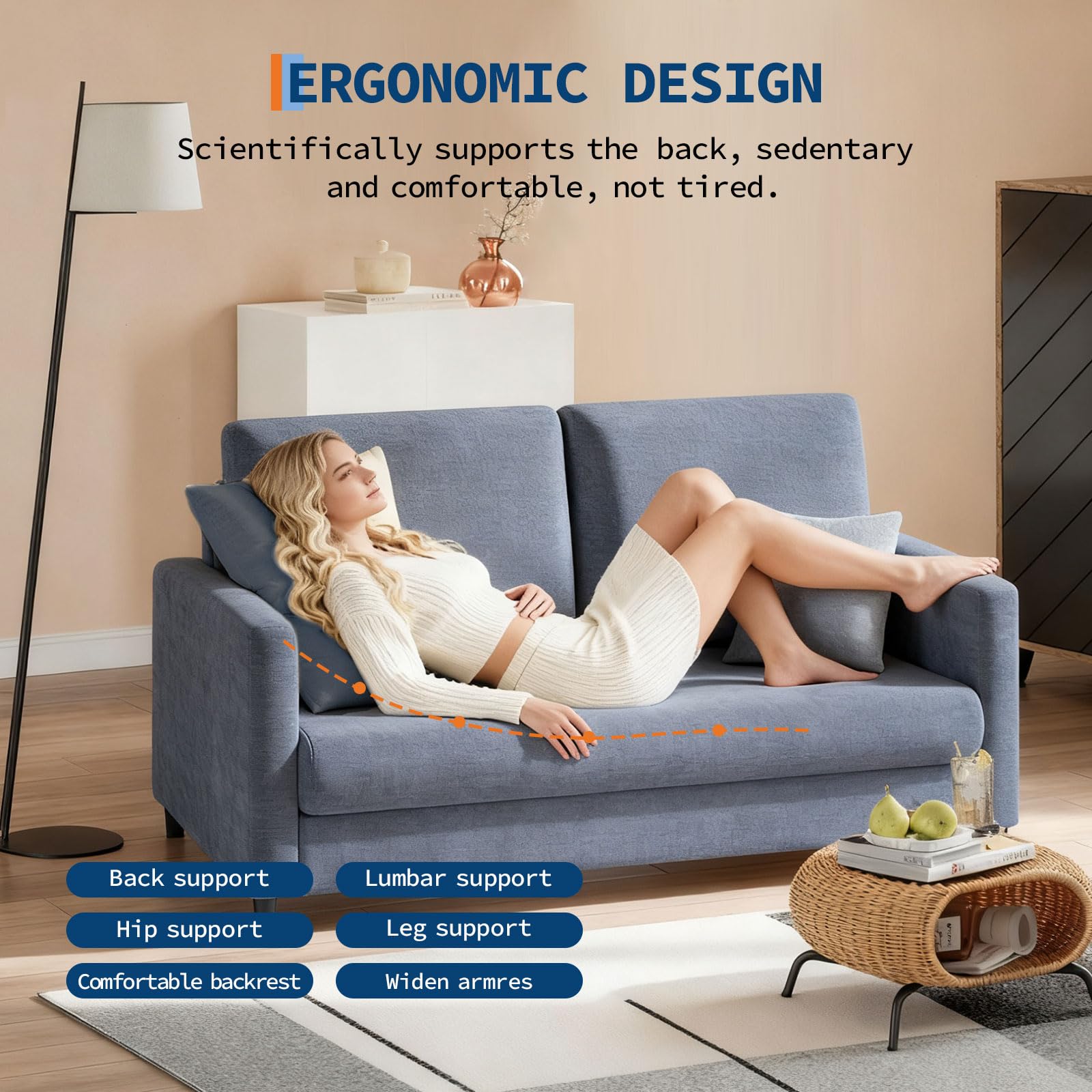 Canapé deux places Garvee 52 po avec ressorts ensachés de 7,5 po, dossier ergonomique, tissu Teddy, structure en bois robuste pour petits espaces, compact, salon, gris