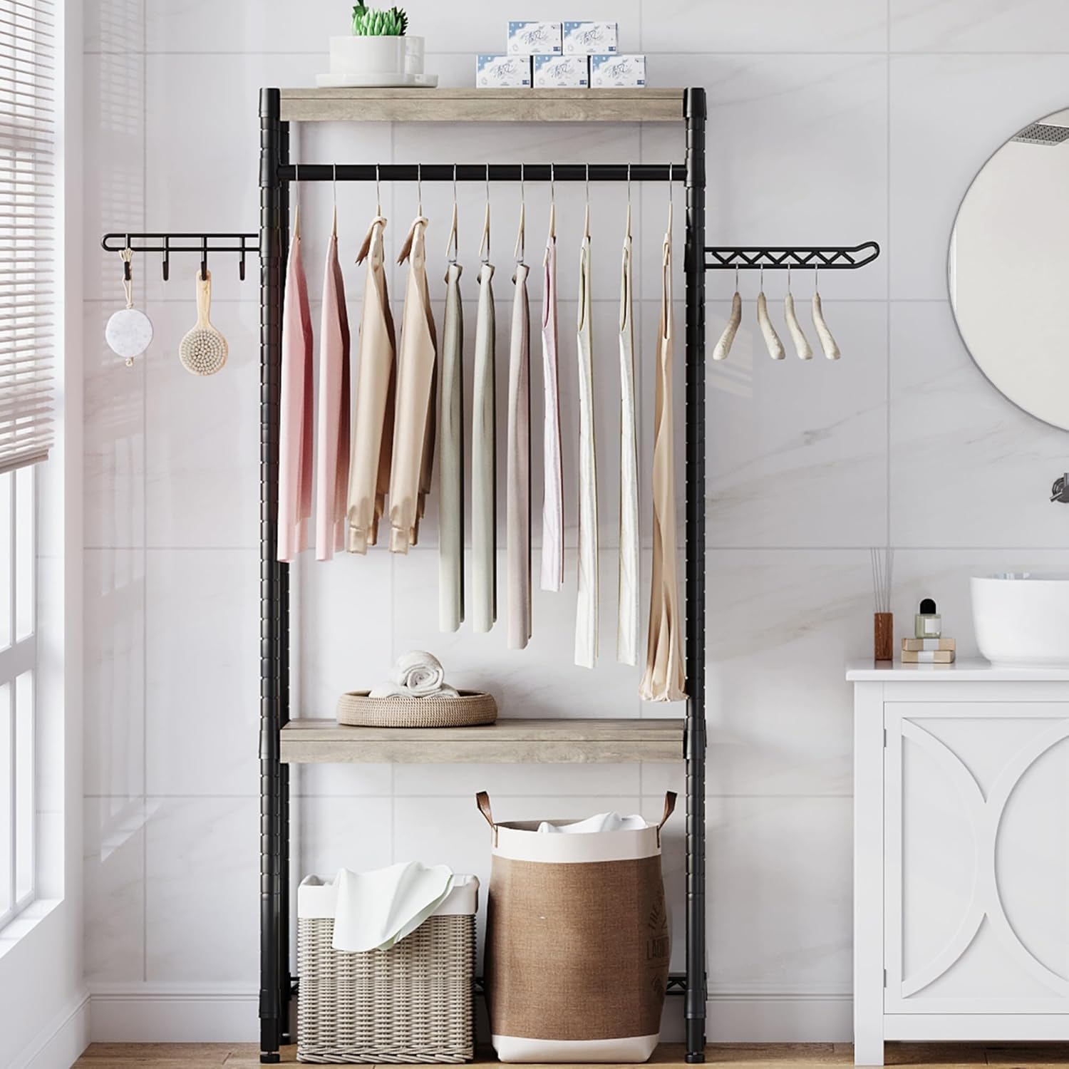 Étagère à linge Garvee 76 cm avec étendoir, réglable, 4 niveaux, bois et acier, pour lave-linge, salle de bain et buanderie, gain de place, 71 cm, couleur naturelle