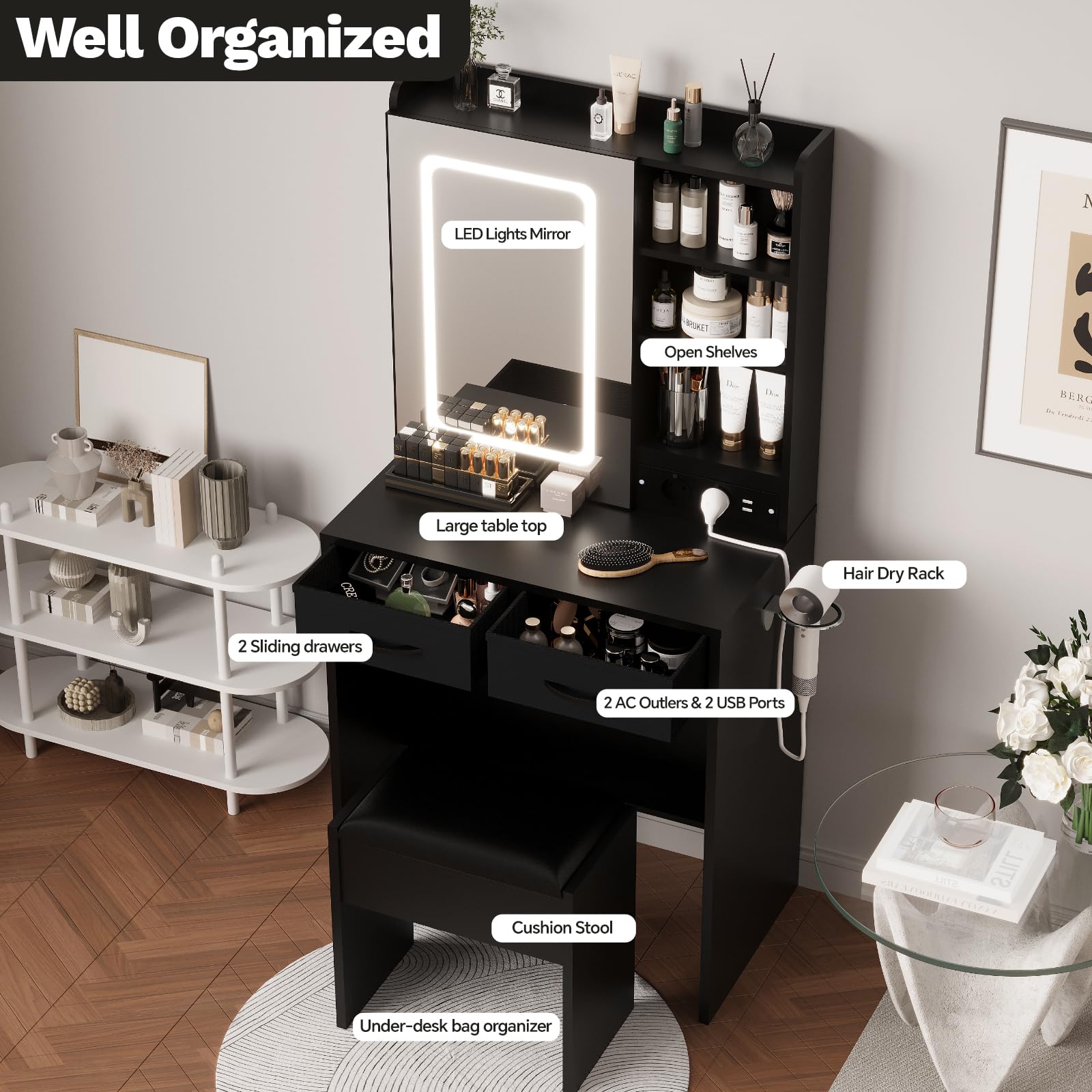GARVEE Coiffeuse avec miroir LED et tabouret rembourré, 3 modes d’éclairage, station de charge intégrée et rangement, pour chambre moderne, noir
