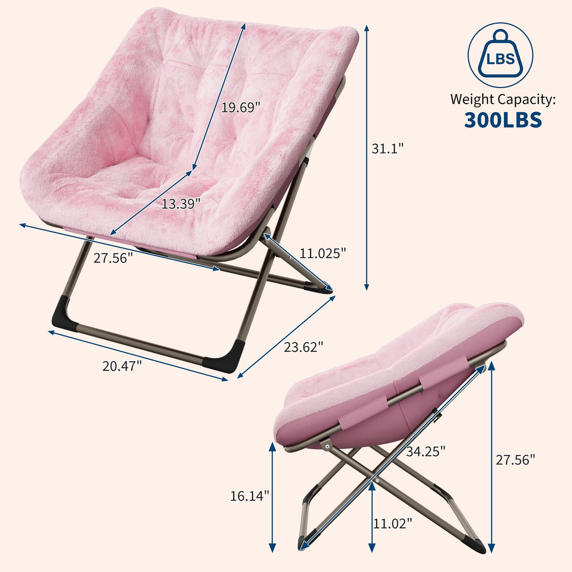 Garvee Fauteuil saucer pliable adulte en fausse fourrure, structure métallique, capacité 136 kg, idéal chambre et appartement, rose